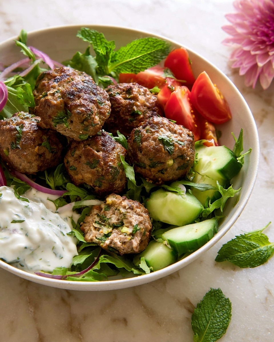 A white bowl filled with seven browned meatballs, some broken open to show a mixed green and beige inside, placed on a bed of dark green arugula leaves. Scattered around are fresh slices of bright green cucumber and red tomato chunks. Two dollops of creamy white sauce with red pepper flakes sit on top and beside the meatballs. The bowl is set on a white marbled surface with two pieces of flatbread at the top left and a crumpled white cloth napkin at the bottom right. A fork and knife with white handles rest at the top right. A small pink flower and green mint leaves are near the bottom left of the bowl. photo taken with an iphone --ar 4:5 --v 7