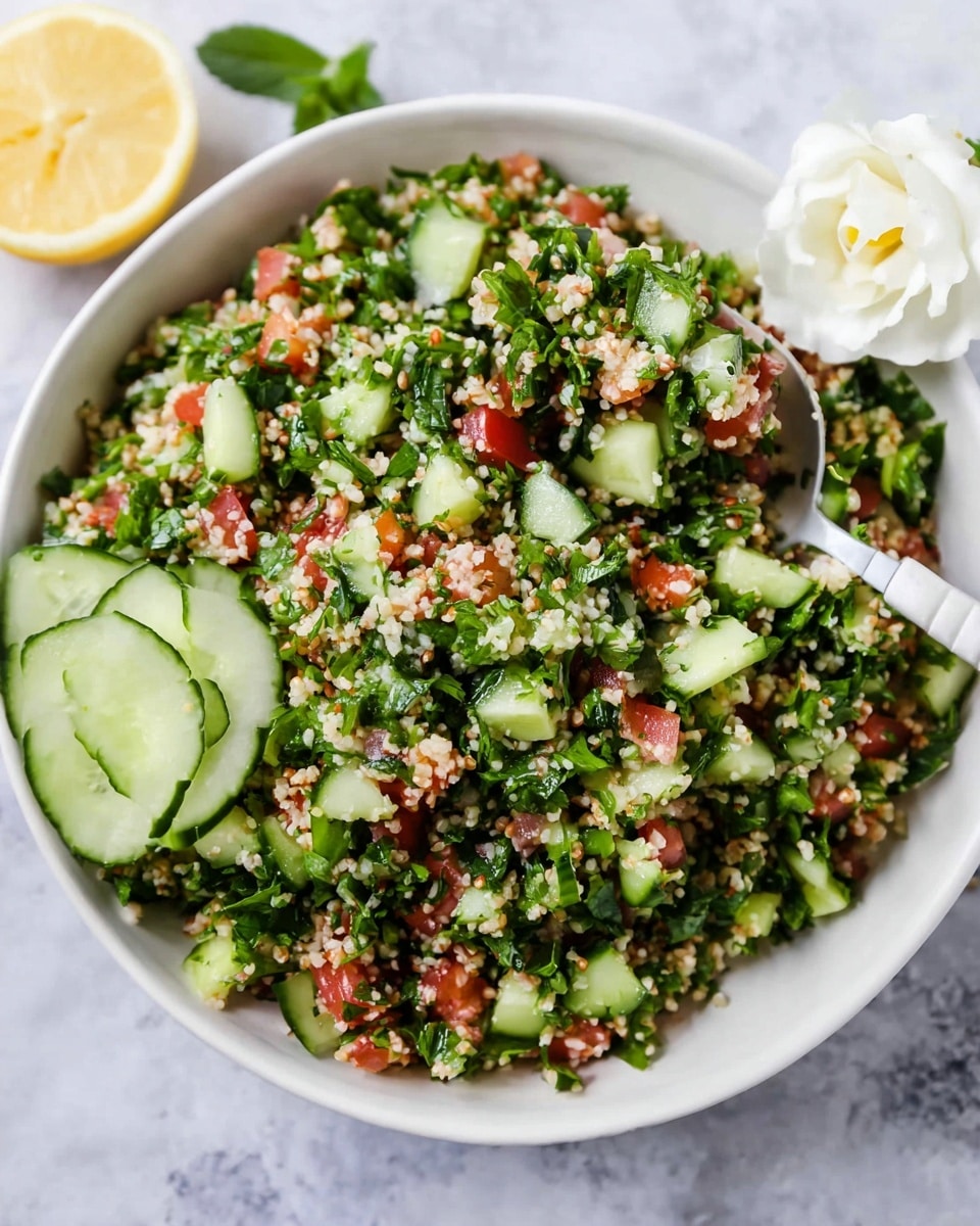 A white bowl filled with a colorful tabbouleh salad that has three main layers mixed together: small green chopped parsley, light beige bulgur wheat grains, and diced red tomatoes with bits of light green cucumber throughout. Two light green cucumber slices lie on top on the left and lower right edges of the salad. There is a white spoon with a silver tip scooping some salad up from the right center of the bowl. The bowl sits on a white marbled surface with part of another white bowl full of chopped cucumber and green herbs blurred in the background on the upper right. photo taken with an iphone --ar 4:5 --v 7