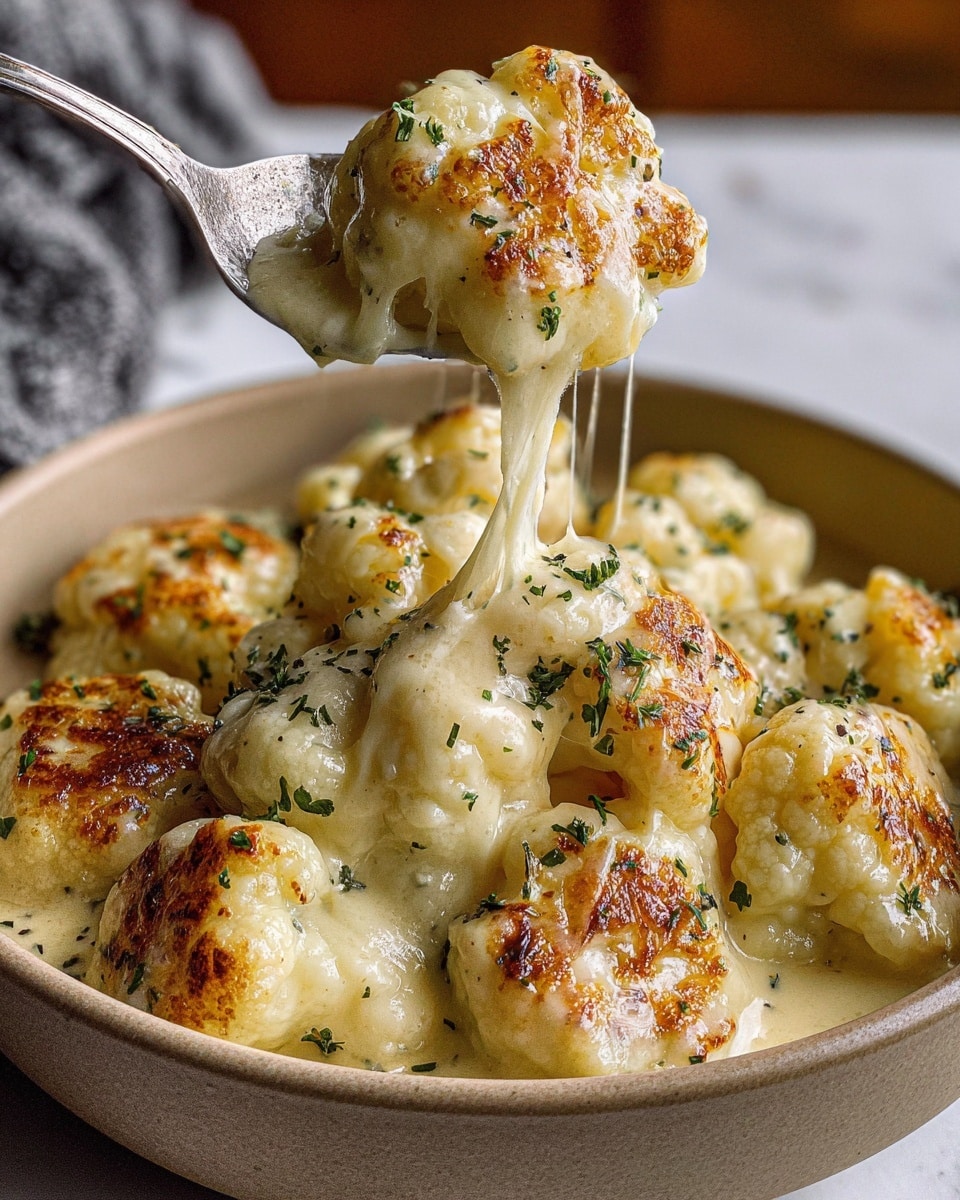 This image shows a bowl filled with round pieces of cauliflower covered in creamy, melted cheese. Each cauliflower piece is golden brown at the top, showing a slight crisp texture from browning, with small green herb flakes sprinkled all over for garnish. The cheese sauce is pale yellow and thick, pooling around the cauliflower and stretching as a silver spoon lifts one piece out of the bowl. The bowl has a natural stone-like texture and the scene is set on a white marbled surface. Photo taken with an iphone --ar 4:5 --v 7