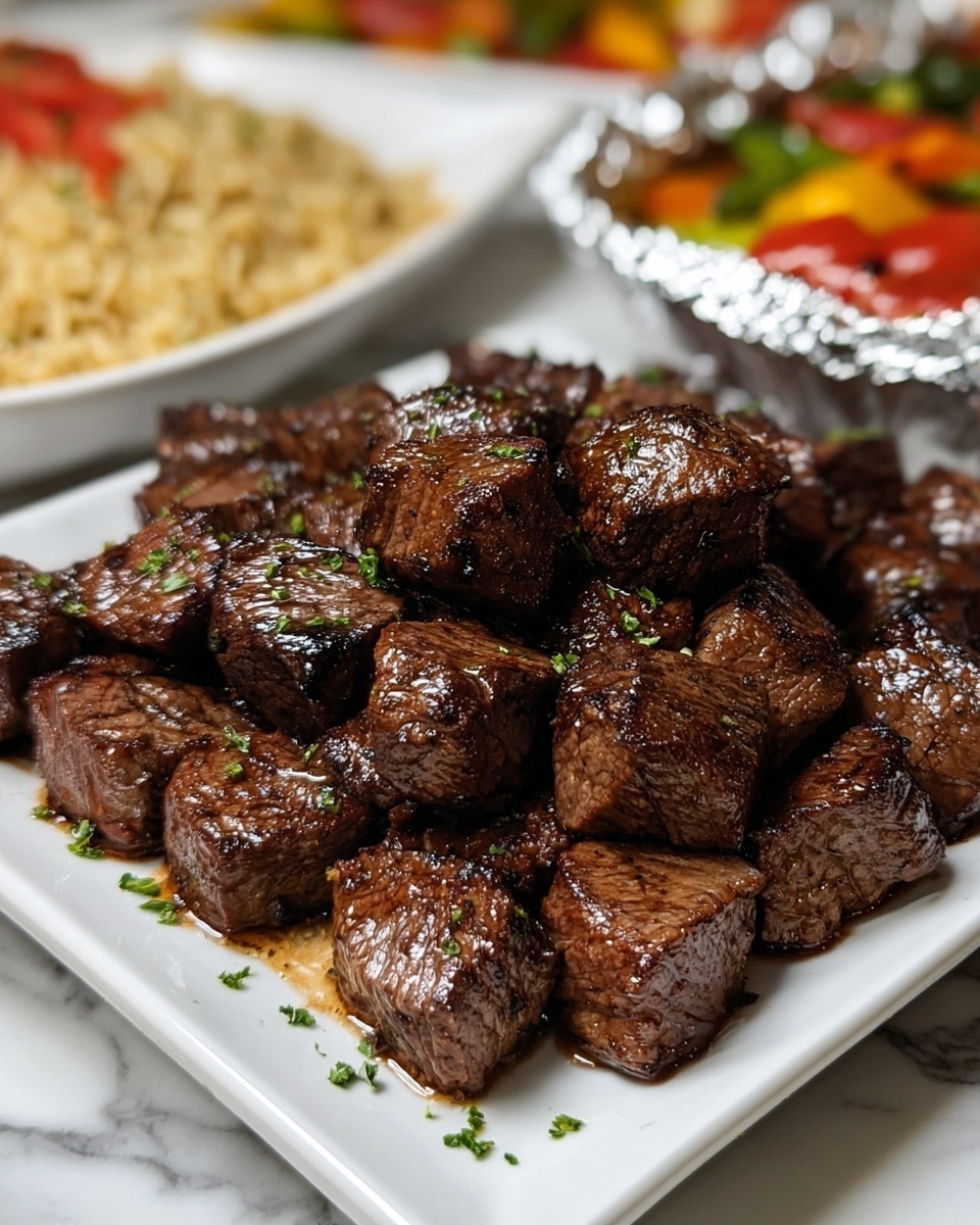 The image shows a white square plate filled with a pile of glossy, juicy brown seared beef cubes with visible grill marks, resting on a white marbled surface. The beef pieces are arranged closely together covering the whole plate and garnished lightly with small bits of green herbs and spices scattered around the edges. In the softly focused background, there are white dishes holding a colorful rice salad with red tomato chunks and green herbs, adding a fresh contrast to the rich beef cubes. Photo taken with an iphone --ar 4:5 --v 7