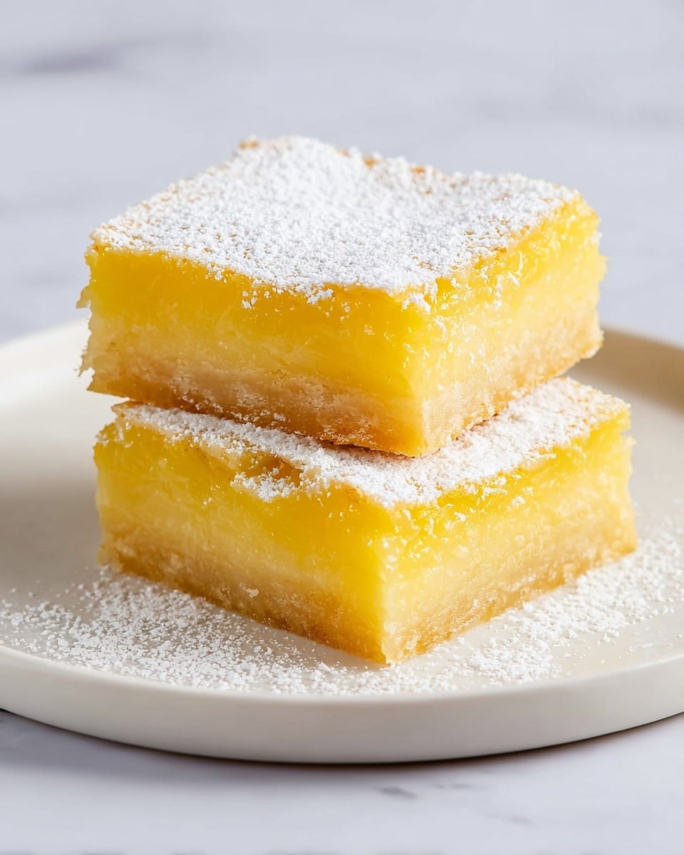 A woman's hand is holding a square lemon bar with a bite taken, showing three layers: a light golden crumbly crust at the bottom, a thick bright yellow lemon filling in the middle, and a dusting of white powdered sugar on top. Below, several more lemon bars with the same three layers are arranged on crinkled white parchment paper, placed on a dark wooden board. The background surface has a white marbled texture. photo taken with an iphone --ar 4:5 --v 7