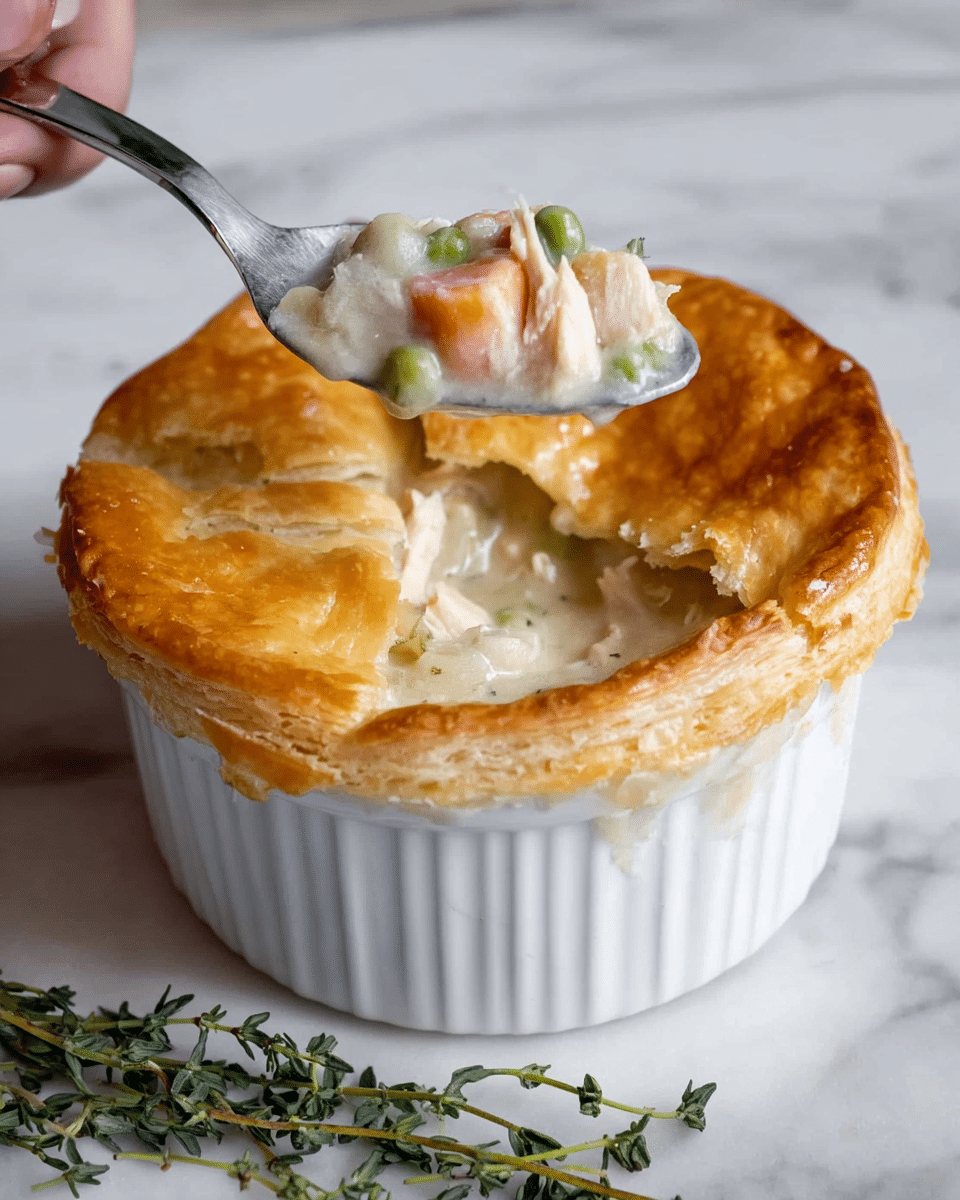 A white ramekin is filled with creamy chicken pot pie topped by a golden brown, flaky crust that has a slightly cracked area where a spoon is scooping inside. The creamy filling beneath the crust is white and thick, showing visible pieces of small cubes of chicken, orange carrot bits, and a green pea. The ramekin sits on a white plate next to a small bunch of fresh green thyme sprigs, all placed on a white marbled surface. Photo taken with an iphone --ar 4:5 --v 7