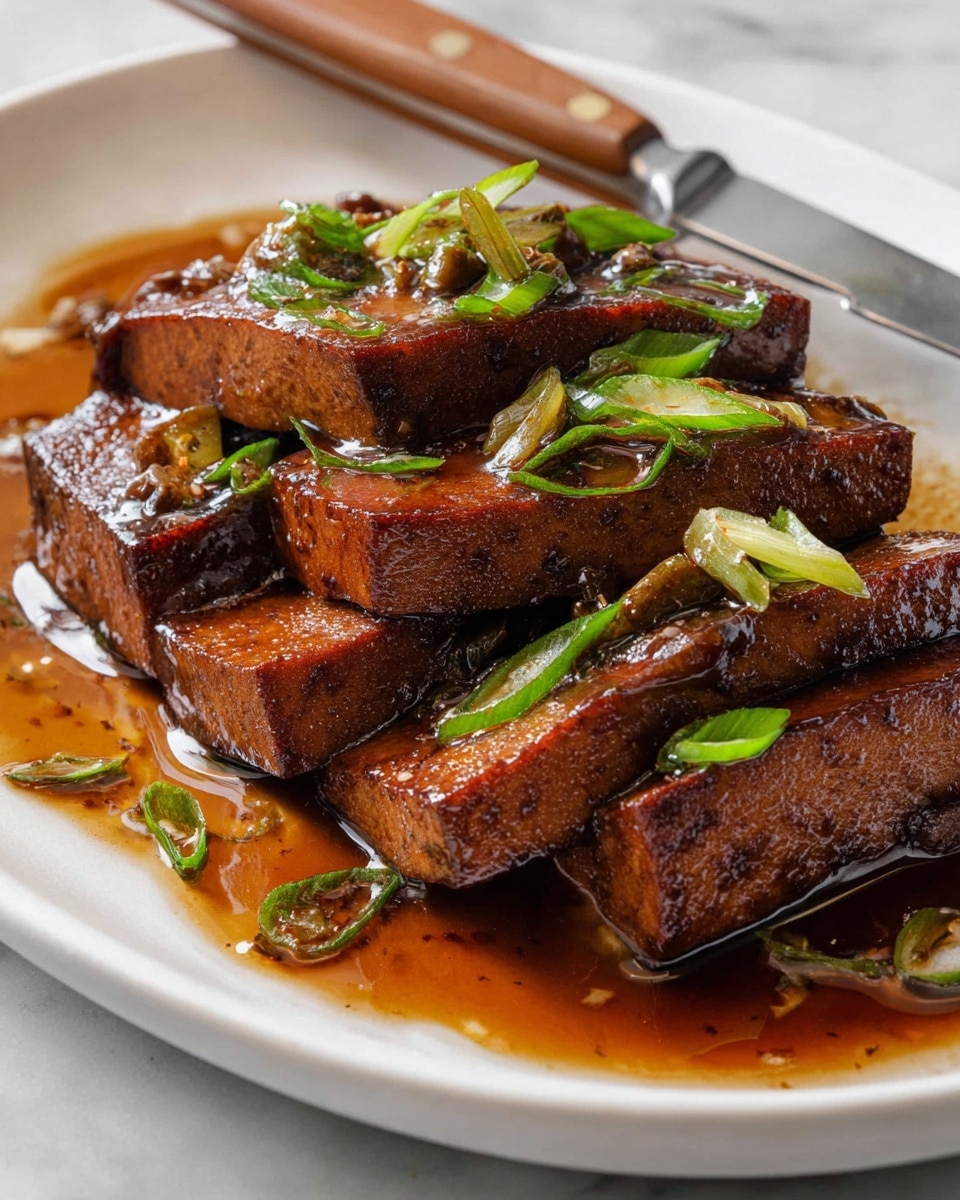 The dish shows several thick, triangular pieces stacked slightly on each other on a white plate, each piece with a rich, dark brown, glazed surface that looks moist and caramelized. The tofu is topped with small chopped green onions that add a fresh green color, scattered both on top and around the tofu. A glossy brown sauce pools around the tofu on the plate, adding a shiny finish and some liquid texture. A fork with a wooden handle rests on the plate's edge. The whole scene sits on a white marbled surface. photo taken with an iphone --ar 4:5 --v 7