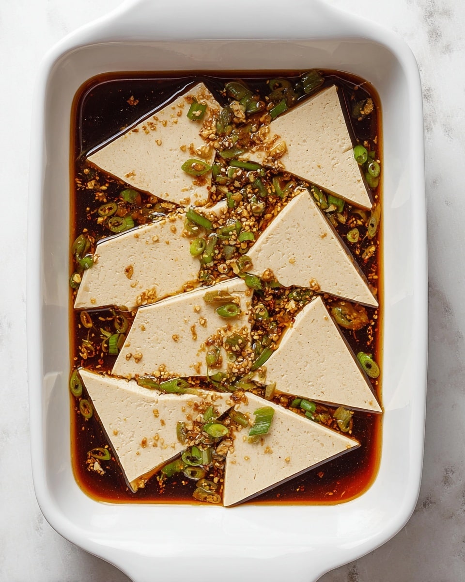 The image shows a white rectangular baking dish filled with triangular pieces of light beige tofu laid flat and slightly overlapping in a dark brown sauce at the bottom. The tofu has a slightly uneven texture with small specks on the surface. The sauce contains small green sliced scallions and grated garlic spread evenly across the dish. The dish sits on a white marbled surface, creating a clean and bright background. photo taken with an iphone --ar 4:5 --v 7