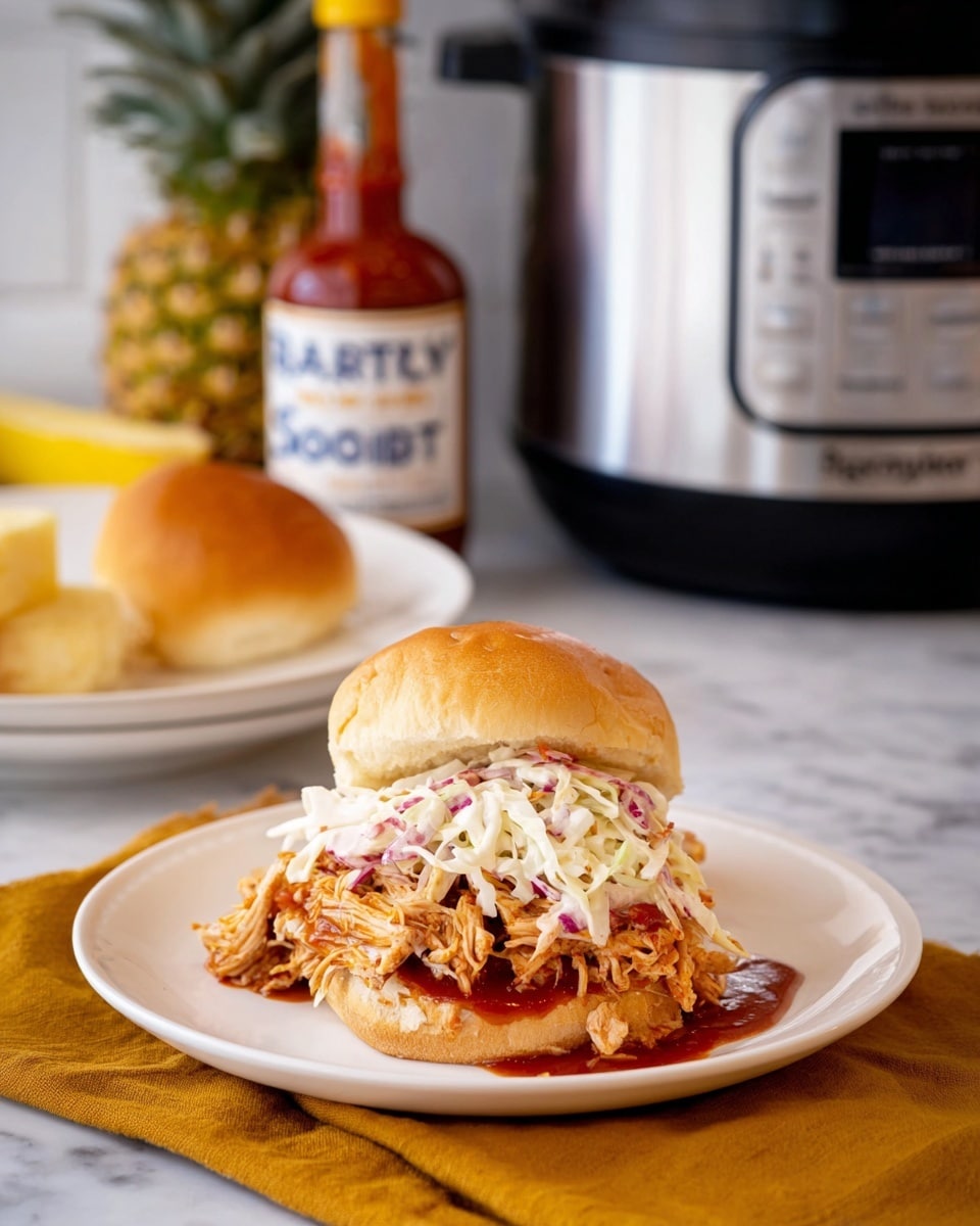 The image shows a close-up of shredded chicken mixed in a thick, orange-red sauce inside a black slow cooker. The chicken pieces are fibrous and coated evenly with the saucy mixture, which has a slightly chunky texture with bits of onions and seasoning visible. Shiny silver tongs are placed in the slow cooker, partially submerged in the chicken and sauce. The scene focuses tightly on the slow cooker’s contents with a soft white marbled texture in the blurred background. photo taken with an iphone --ar 4:5 --v 7