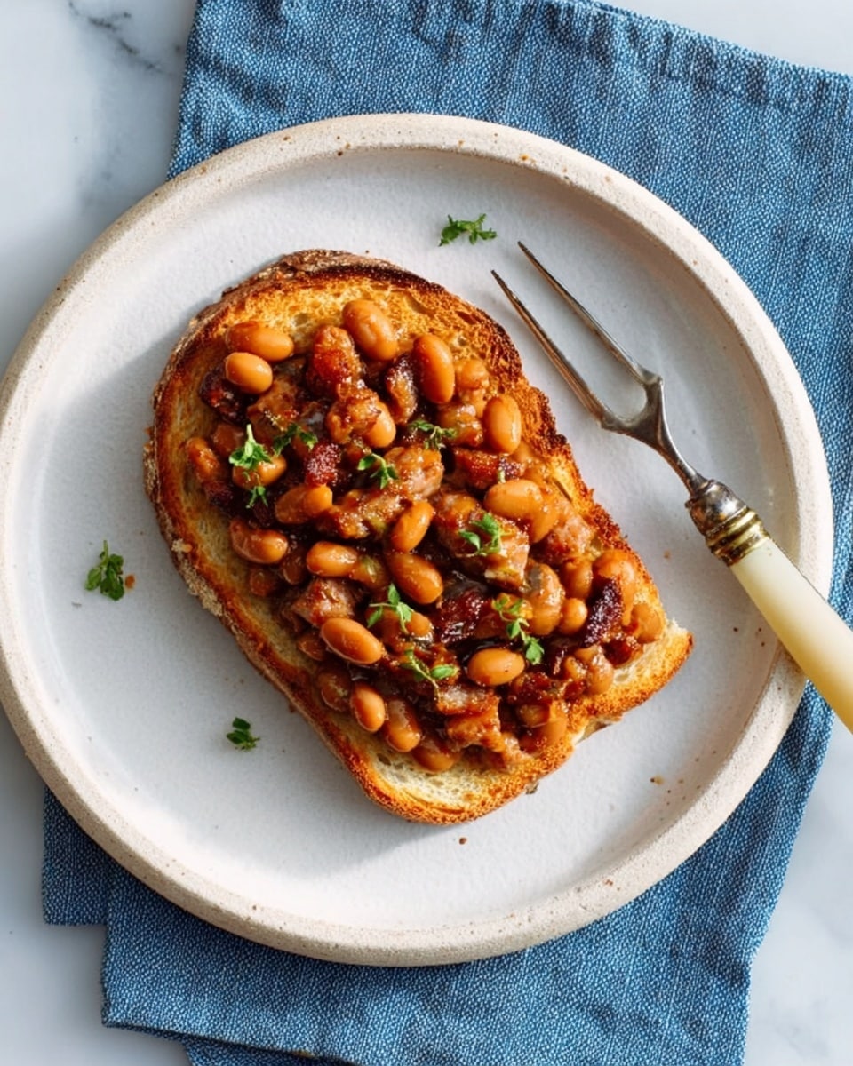 A white plate with a slice of toasted bread as the base layer, topped with a generous layer of cooked beans mixed with small pieces of sausage, both brown and white colors visible, and garnished with small green herb pieces scattered on top. The beans have a shiny, slightly saucy texture, and the toast edges are golden and crisp. A fork with a cream and brown handle rests on the plate, placed on a blue cloth, all set on a white marbled surface. Photo taken with an iphone --ar 4:5 --v 7