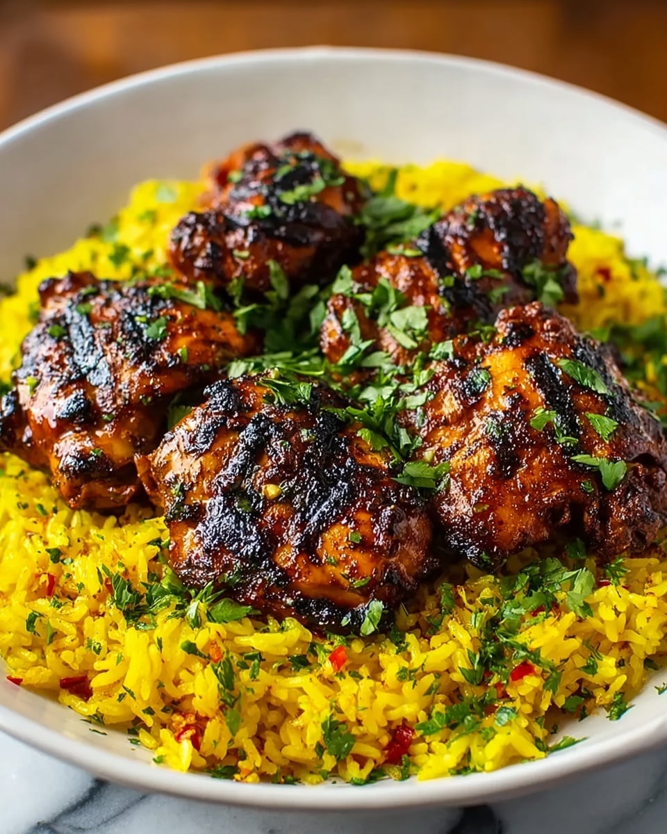 A white bowl holds a layer of bright yellow rice mixed with small bits of red and green herbs, giving it a colorful and textured appearance. On top, there are four pieces of grilled chicken thighs, each with a rich orange-brown color, crispy charred edges, and a shiny glaze that suggests they are well-seasoned. Fresh green chopped herbs are sprinkled over the chicken and rice, adding fresh contrast to the warm colors of the dish. The scene is set on a white marbled surface, enhancing the vibrant colors of the food. photo taken with an iphone --ar 4:5 --v 7