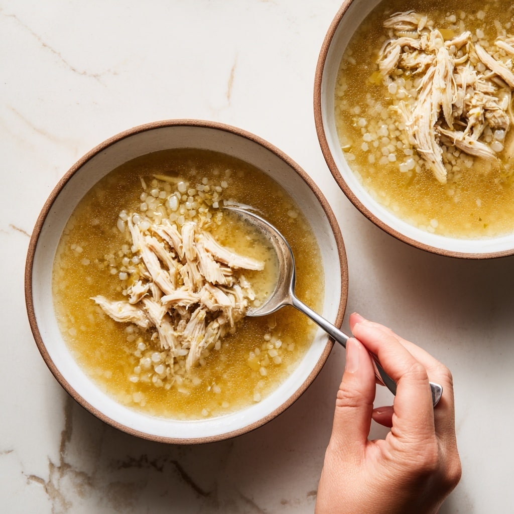 Two white bowls with a thin brown rim sit on a white marbled surface, each filled with a golden broth soup. The soup contains shredded light beige chicken pieces and small clusters of light brown grains or rice floating in the clear broth. One bowl has a silver spoon resting inside, with a woman's hand holding the spoon. The overall look is warm and comforting with simple textures and colors. photo taken with an iphone --ar 4:5 --v 7