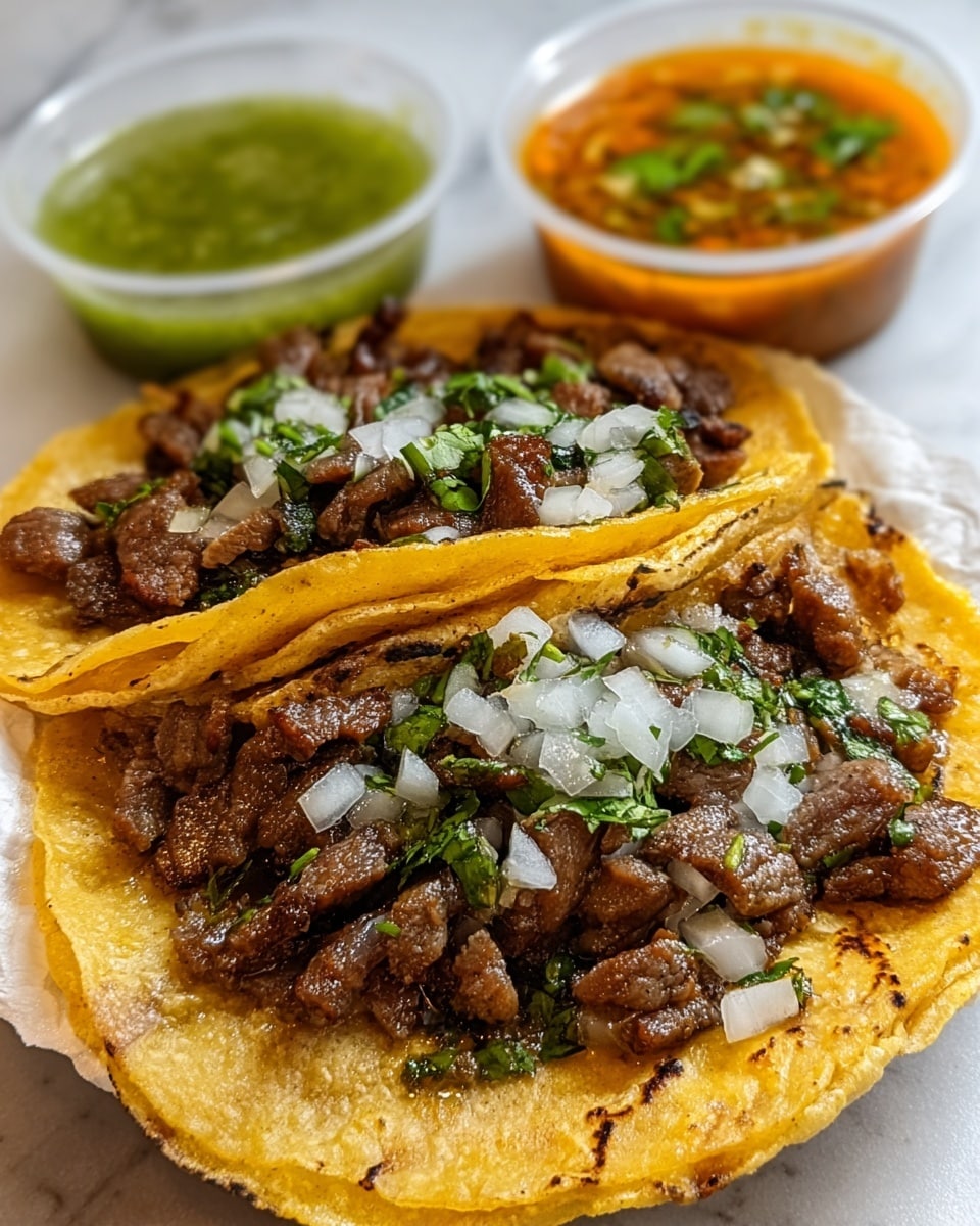 Two tacos are shown close up on a double layer of soft, yellow corn tortillas with char marks. Each taco is filled with small pieces of cooked brown beef topped with white diced onions and bright green chopped cilantro. Behind the tacos are two small white containers, one with chunky green salsa and the other with orange salsa garnished with small green bits. The surface under the food is a white marbled texture. photo taken with an iphone --ar 4:5 --v 7