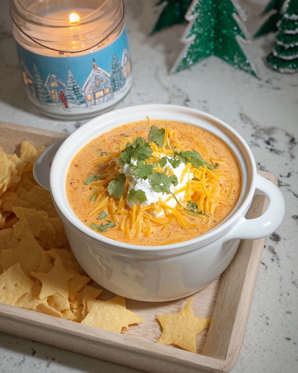 The image shows a small white pot filled with creamy orange soup that has visible chunks and a smooth texture. The soup is topped with a layer of shredded yellow cheese, dollops of white sour cream in the center, and green cilantro leaves scattered on top. The pot is placed on a light wooden tray with several star-shaped, light tan chips resting beside it. In the background, there is a candle with a blue and white winter village print and some green decorative tree shapes on a white marbled surface. photo taken with an iphone --ar 4:5 --v 7