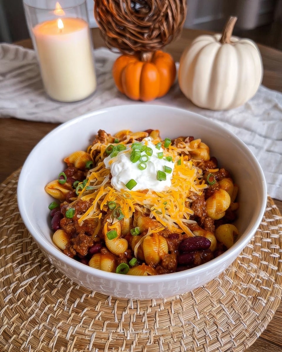 A white bowl filled with a layered chili pasta dish stands on a beige woven placemat. The bottom layer consists of reddish-brown pasta shells mixed with dark red kidney beans and bits of browned ground meat in a rich, thick sauce. The next layer on top is a generous mound of shredded orange cheddar cheese melting slightly into the hot pasta. At the very top, there is a dollop of white sour cream sprinkled with small pieces of chopped green onions. In the background, there are two small orange pumpkin-shaped salt and pepper shakers, a white candle in a glass container, and a beige vase, all sitting on a white marbled surface. photo taken with an iphone --ar 4:5 --v 7