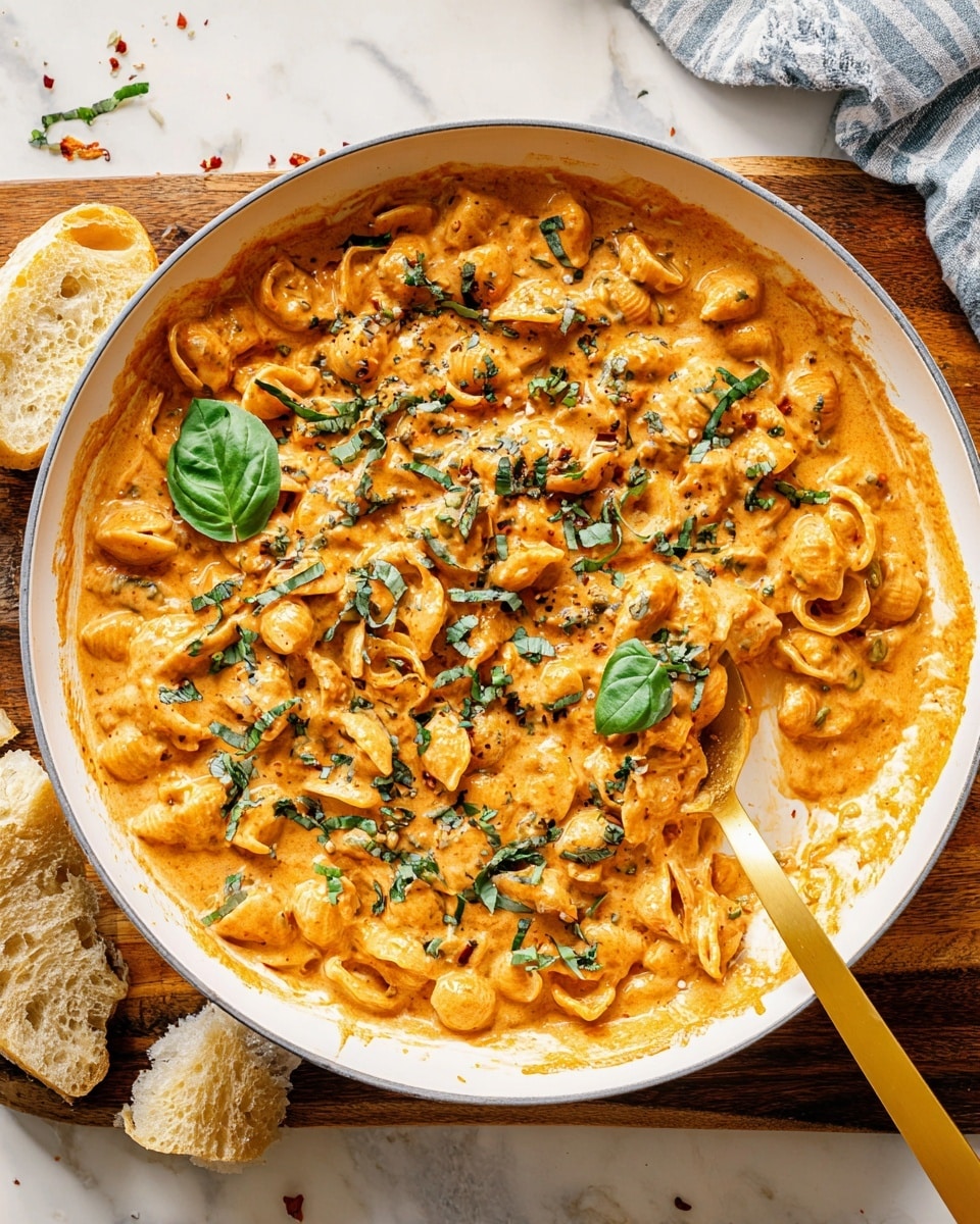 The image shows a white pan filled with creamy orange pasta, thickly coated in sauce with visible pieces of white beans and wilted spinach leaves. Fresh green basil leaves, both whole and chopped, are sprinkled on top. There are specks of red chili flakes scattered across the surface, adding small red accents. A gold spoon rests inside the pan, partly submerged in the pasta. The pan sits on a wooden board, placed over a white marbled surface with torn pieces of crusty bread nearby and a blue cloth peeking from the lower left side. Photo taken with an iphone --ar 4:5 --v 7