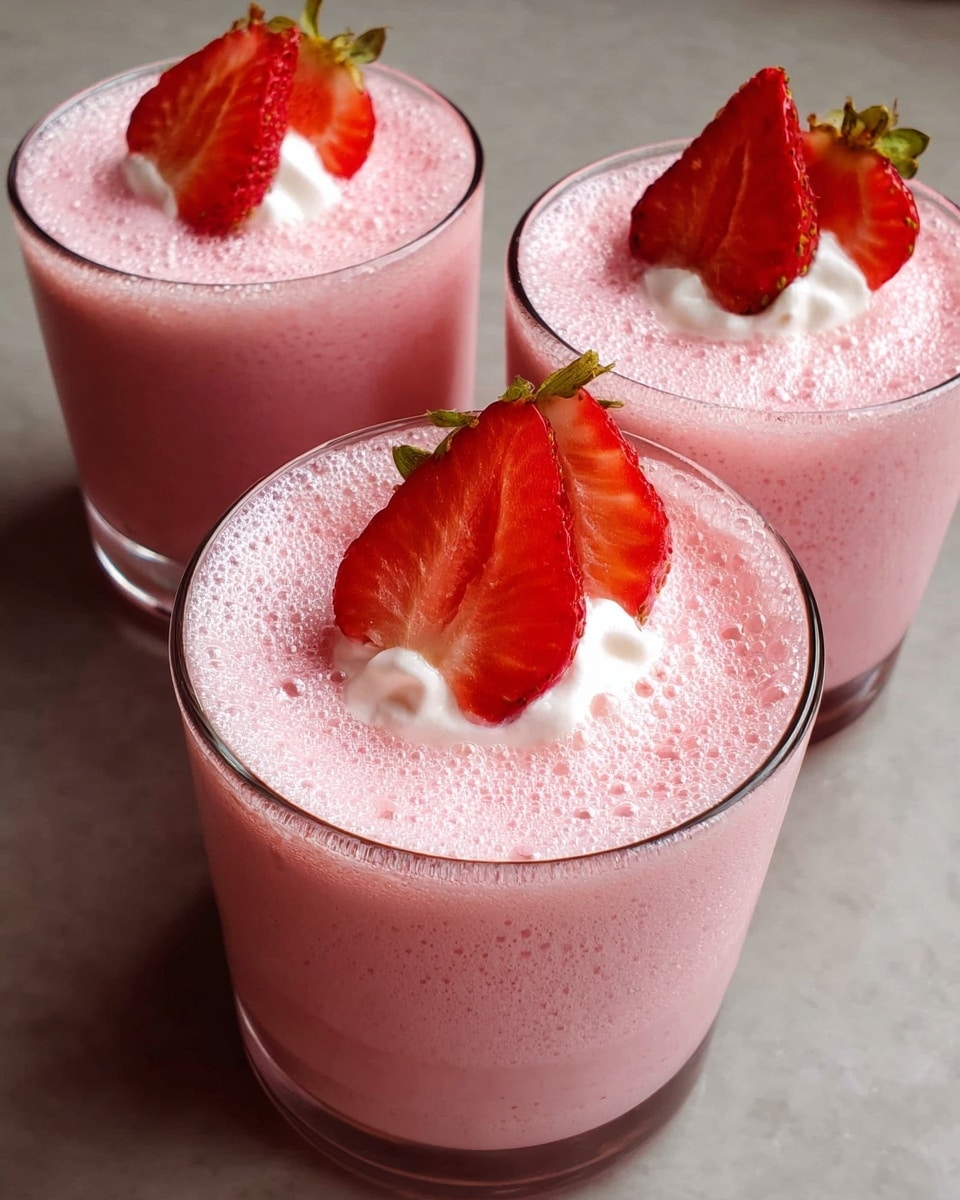 Three clear glass cups are filled with a thick, frothy pink drink. Each cup has a small dollop of white cream on top, with two fresh sliced strawberries placed gently on the cream. The surface below the cups has a white marbled texture, making the pink drinks stand out with their smooth, bubbly texture. The cups are arranged close together, showing the bright red and white contrast of the strawberries and cream against the soft pink drink. photo taken with an iphone --ar 4:5 --v 7