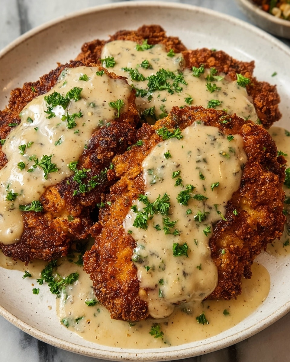 A white plate holds three pieces of golden brown fried chicken with a rough, crispy texture. Each piece is topped with a thick, creamy white gravy that has small bits of herbs and black pepper, covering the middle of the chicken and dripping onto the plate. Fresh green chopped parsley is sprinkled over the gravy and chicken, adding a pop of color. The plate is set on a white marbled surface. photo taken with an iphone --ar 4:5 --v 7