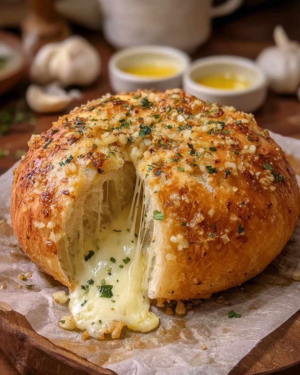 A round bread dome with a golden brown crust that is crispy and sprinkled with chopped garlic and parsley. The crust is shiny with a slight oily glaze. A large cut in the front shows melted, stretchy white cheese flowing out onto a piece of parchment paper underneath. The bread sits on a wooden surface with small bowls of sauce and garlic cloves in the background. photo taken with an iphone --ar 4:5 --v 7