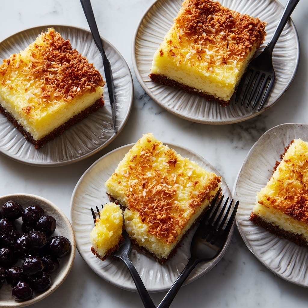 Four square pieces of a yellow coconut dessert with a golden brown crust form two layers: a crumbly brown bottom layer and a soft, moist yellow top layer with shredded coconut visible. Each piece is placed on a small white plate with a ridged pattern, with three black forks resting beside or on the desserts. One fork holds a small bite-sized piece lifted from a dessert. A small bowl filled with dark purple frozen berries sits on the white marbled textured surface near the desserts. Photo taken with an iphone --ar 4:5 --v 7