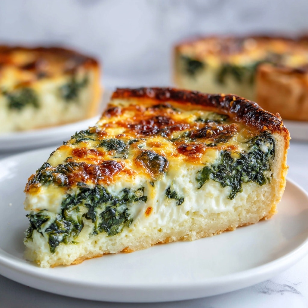 The image shows a close-up of thick slices of spinach and cheese quiche arranged closely together, highlighting two main layers: a light, fluffy, pale yellow base and a textured, dark green spinach layer mixed with melted golden-brown cheese on top. The cheese has a slightly bubbly and browned surface, giving a crispy look while patches of white cheese are also visible scattered through the top. The slices are set on a white plate, placed on a white marbled surface. photo taken with an iphone --ar 4:5 --v 7