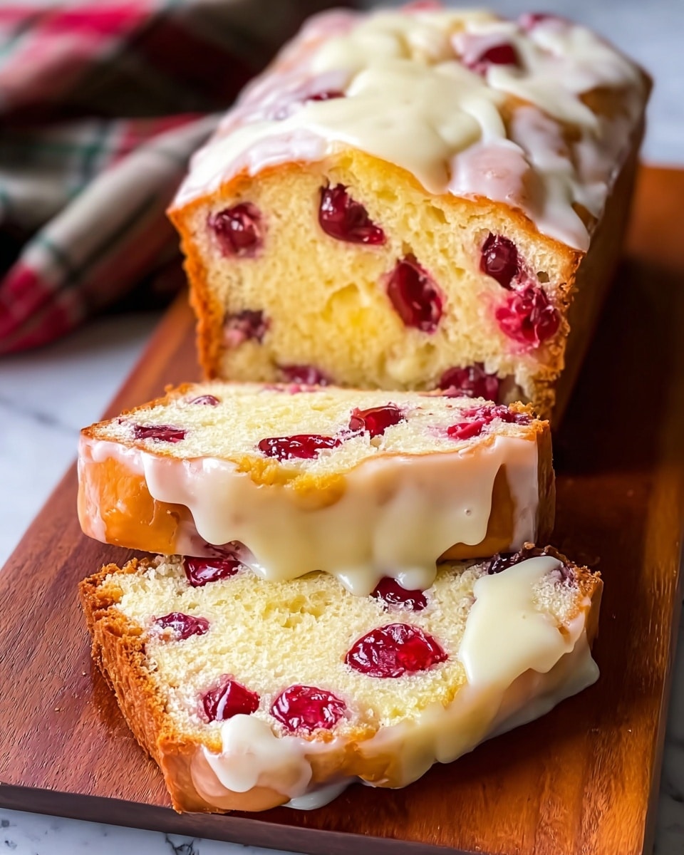 The image shows a loaf of cranberry bread sliced into two thick pieces stacked in front of the main loaf. The bread has a golden brown crust with a soft, light yellow interior. Bright red cranberries are spread evenly throughout each slice, creating vibrant spots among the pale bread. A glossy, creamy white glaze drizzles on the top and some parts of the slices, with a thicker layer melting slightly into the bread. The loaf rests on a smooth wooden board with a blurred stack of white plates in the background, all on a white marbled surface. Photo taken with an iphone --ar 4:5 --v 7