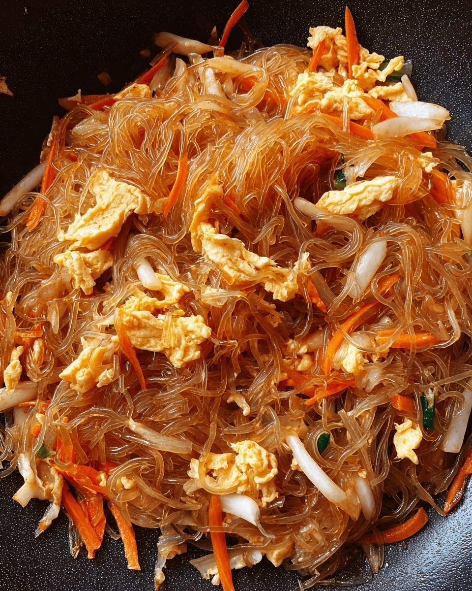 This image shows a close-up of a stir-fried dish in a black pan, featuring a mix of translucent brown glass noodles layered with light orange scrambled eggs, thin strips of pale white cabbage, and thin orange carrot slices. The noodles are tangled and glossy, covering most of the dish, with the eggs broken into soft, irregular pieces scattered evenly throughout. The cabbage pieces are large and thin, providing a mix of texture, and the carrots are finely cut, adding a splash of color. The background is replaced with a white marbled texture. photo taken with an iphone --ar 4:5 --v 7