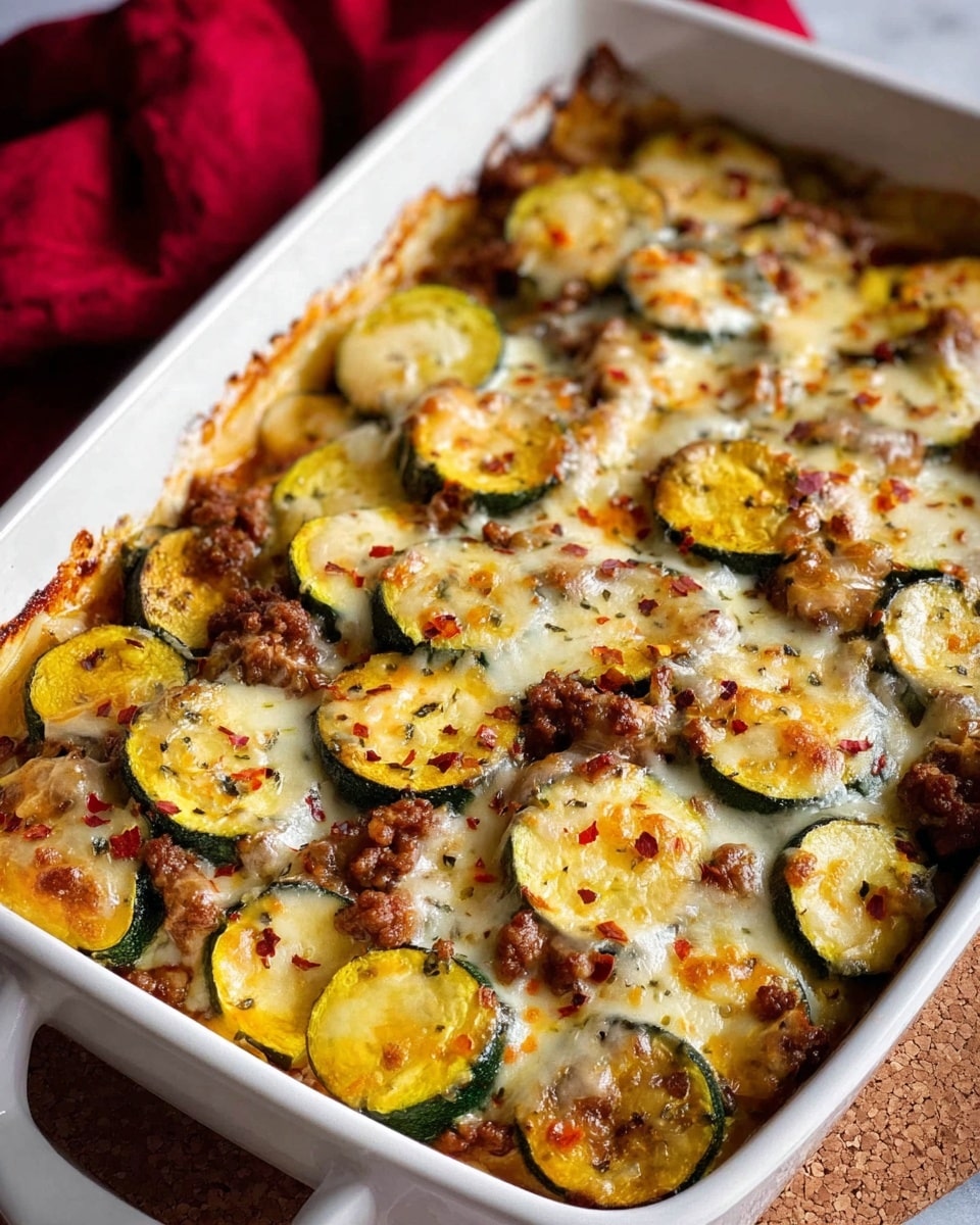 The dish is a hearty mix served in a white speckled bowl, showing a layered combination starting with browned cooked ground meat mixed with finely diced onions at the bottom. Above this is a layer of sliced zucchini pieces with green skin and tender yellowish flesh, partially coated and intermingled with the meat. The top layer is covered with melted, golden-brown bubbly cheese that stretches slightly, adding a creamy texture and a rich look. A black-handled spoon is partially buried in the bowl on the right side against a white marbled surface with a red cloth in the background. photo taken with an iphone --ar 4:5 --v 7