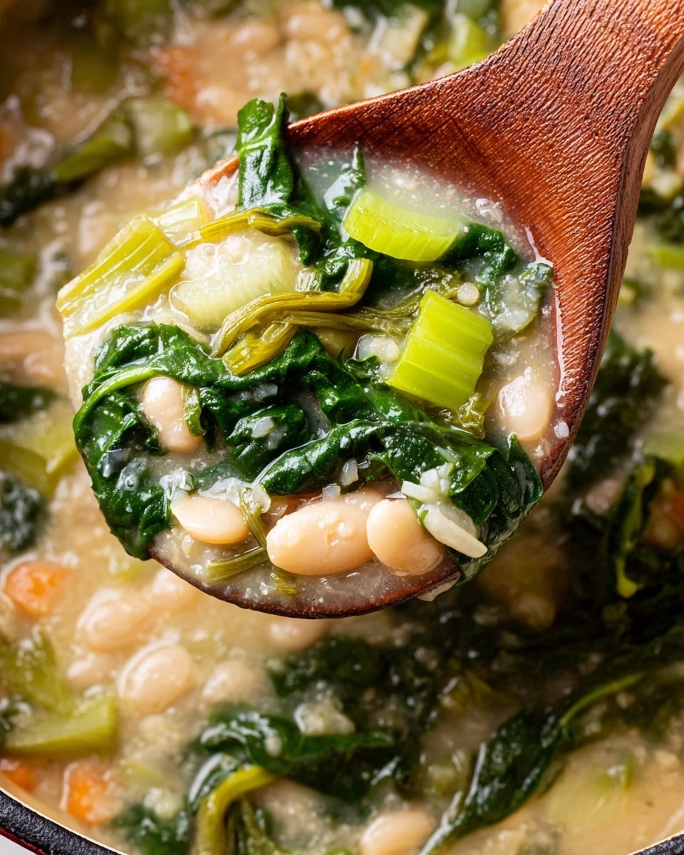 A close-up image of a wooden spoon lifting a hearty vegetable soup from a pot, showcasing three main layers: a creamy white broth on the bottom with small white beans, bright green leafy vegetables in the middle that look soft and cooked with a slightly shiny texture, and pale chopped celery pieces on top adding a fresh look. The background shows more of the soup in the pot with similar ingredients visible, all set against a white marbled texture. Photo taken with an iphone --ar 4:5 --v 7