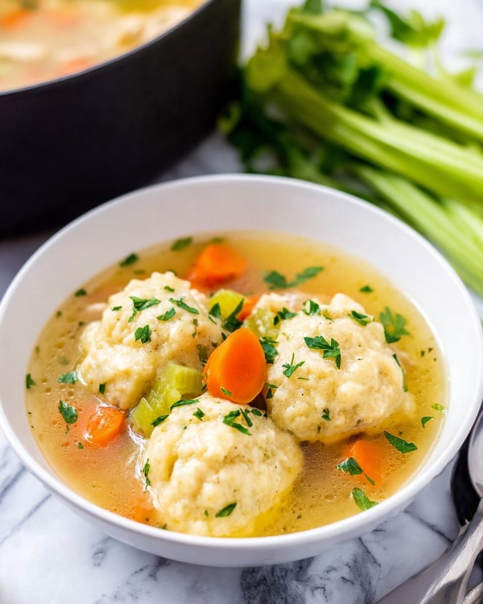 A white bowl filled with golden chicken soup showing three large round biscuit dumplings floating on the top. The soup is clear with visible chunks of orange carrot slices, bright green celery pieces, and tender chicken bits beneath the dumplings. The dumplings have a soft, bumpy texture sprinkled lightly with chopped green parsley. In the background, fresh green celery stalks rest on a white marbled surface, and there is part of a black pot filled with more soup. A silver spoon is placed next to the bowl. Photo taken with an iphone --ar 4:5 --v 7