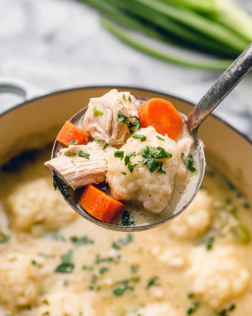 The image shows a close-up of a metal ladle holding a scoop of chicken and dumplings. The ladle contains two large pieces of light brown cooked chicken, several soft, pale dumplings with a slightly lumpy texture, and round bright orange carrot slices scattered on top. Small pieces of green herbs are sprinkled across the food. In the background, the pot of creamy white broth with many dumplings is partially visible, and blurred green celery stalks rest on a white marbled surface. Photo taken with an iphone --ar 4:5 --v 7