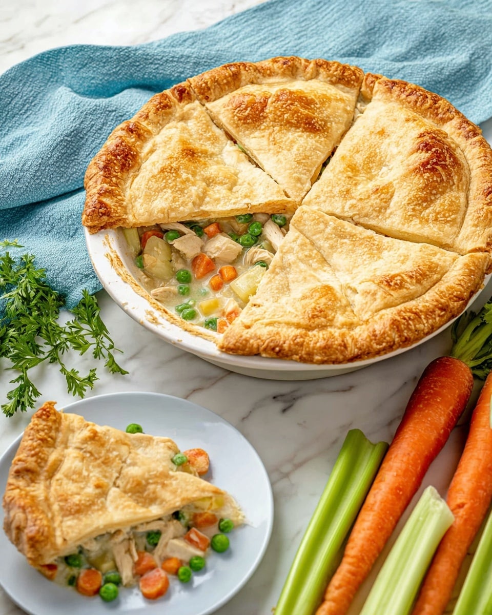 A slice of chicken pot pie with a golden brown, flaky top crust sits on a stack of white plates on a white marbled surface. The filling is visible through the missing crust portion, showing creamy white sauce mixed with chunks of white chicken, bright orange carrot slices, green peas, and celery pieces. In the background, a white pie dish holds the rest of the pie, and fresh carrots and celery stalks are slightly out of focus. Two silver forks with decorative handles lie nearby. photo taken with an iphone --ar 4:5 --v 7