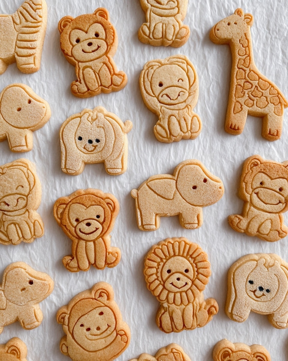 The image shows a flat sheet of light brown cookie dough rolled out on a white marbled surface. The dough has been pressed with animal-shaped cookie cutters, creating outlines of a bear, elephant, lion, zebra, hippo, giraffe, and octopus. Each animal shape is clearly detailed with simple, cute facial features and small markings. The dough is thick and textured with some flour dusted on top. On the right side of the image, white plastic cookie cutters with the same animal shapes are partially visible. The scene is bright and clean, capturing the step before the cookies are cut out fully. Photo taken with an iphone --ar 4:5 --v 7