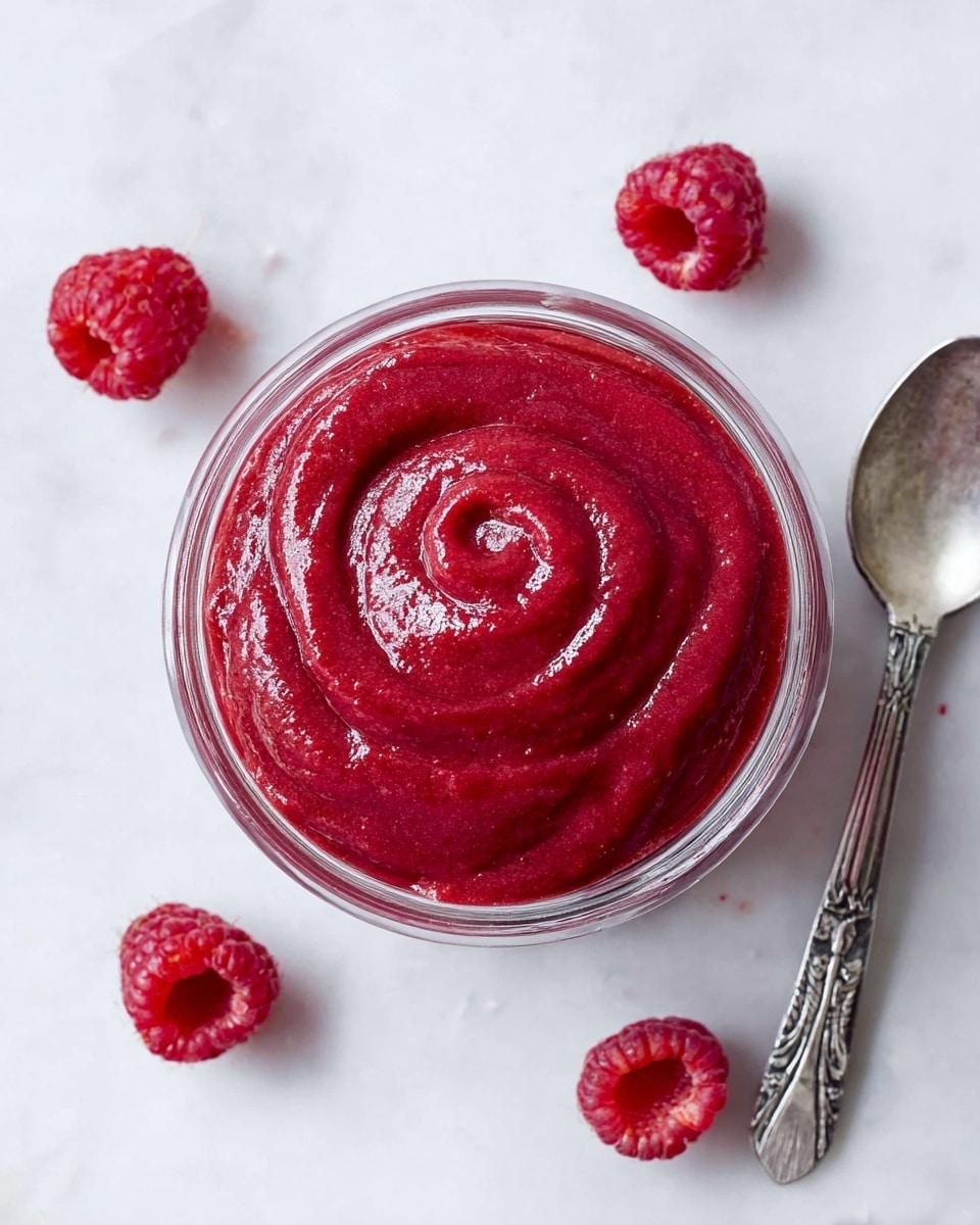 A close-up top view of a small clear glass bowl filled with one thick layer of smooth, bright red raspberry puree with a slightly glossy texture and soft swirls on top. Around the bowl on a white marbled surface with subtle floral patterns are three fresh raspberries and a silver spoon resting nearby, holding a small dollop of the same red puree. Photo taken with an iphone --ar 4:5 --v 7