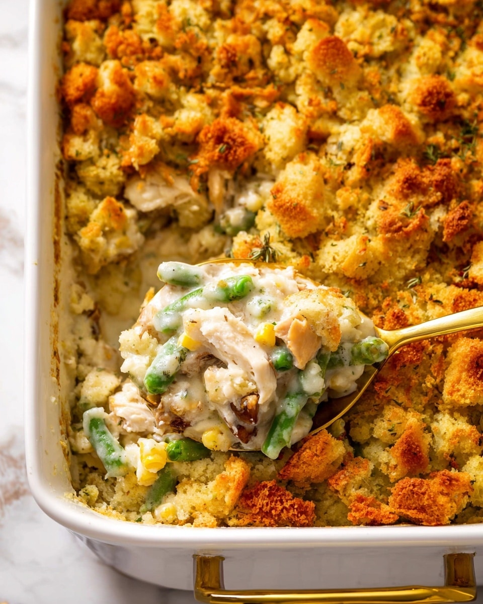 A close-up view of a white plate with a single thick layer of golden-brown stuffing mixed with small bits of green herbs, carrots, and corn, topped with creamy white gravy that coats the center. A gold fork is held by a woman's hand, digging into the soft mixture, breaking it apart. Bright green parsley leaves add a fresh color contrast on top and around the edges. The background shows a white marbled texture, with some green leafy garnish blurred behind the plate. The whole scene looks warm and inviting, with a focus on texture and natural colors. photo taken with an iphone --ar 4:5 --v 7