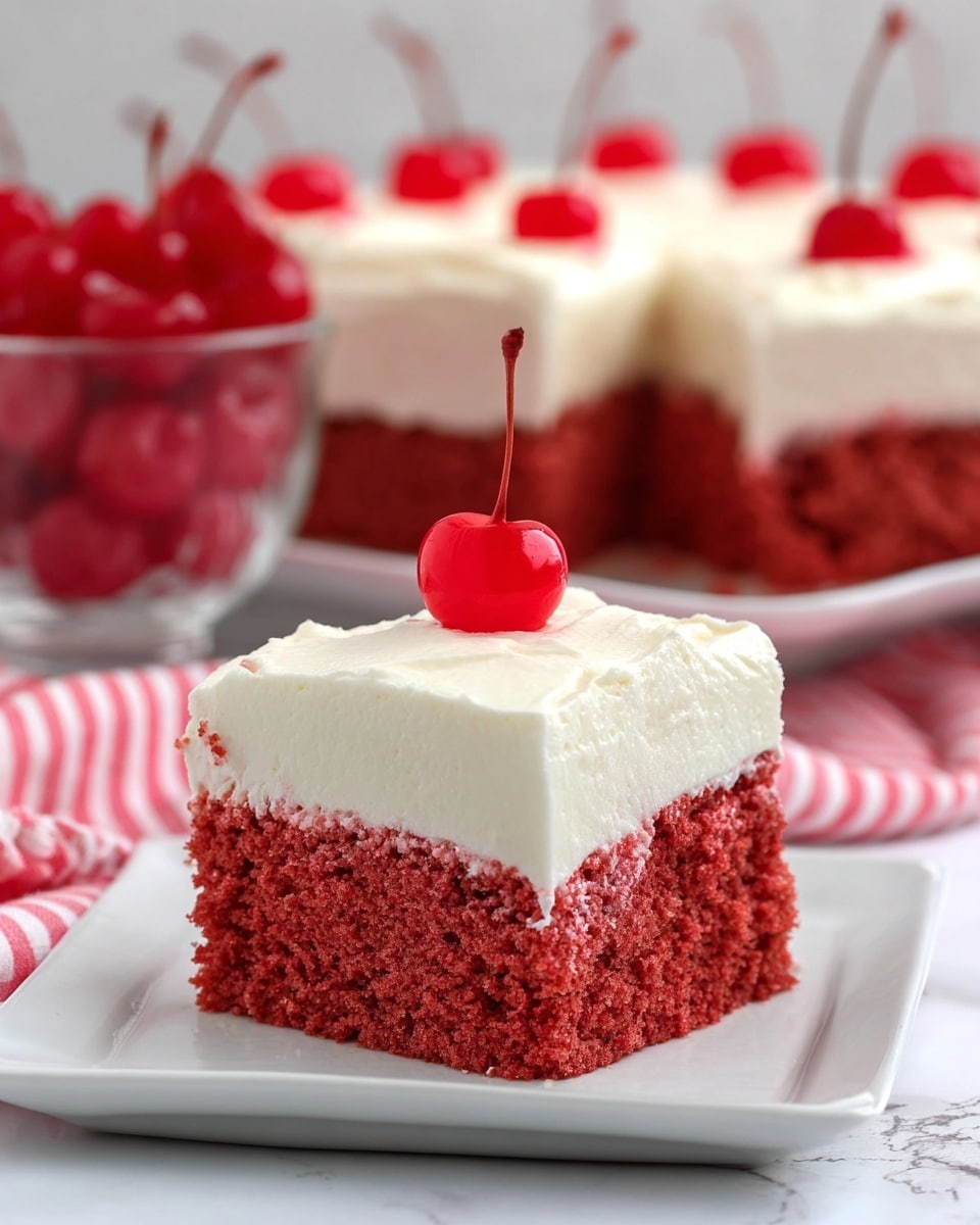 A single square piece of red velvet cake with two layers is shown on a white plate. The bottom layer is thick and moist with a bright red color and a soft texture. The top layer is a smooth, creamy white frosting spread evenly across the cake. On top of the frosting sits a shiny, bright red cherry with a stem. The background features a white marbled surface. photo taken with an iphone --ar 4:5 --v 7