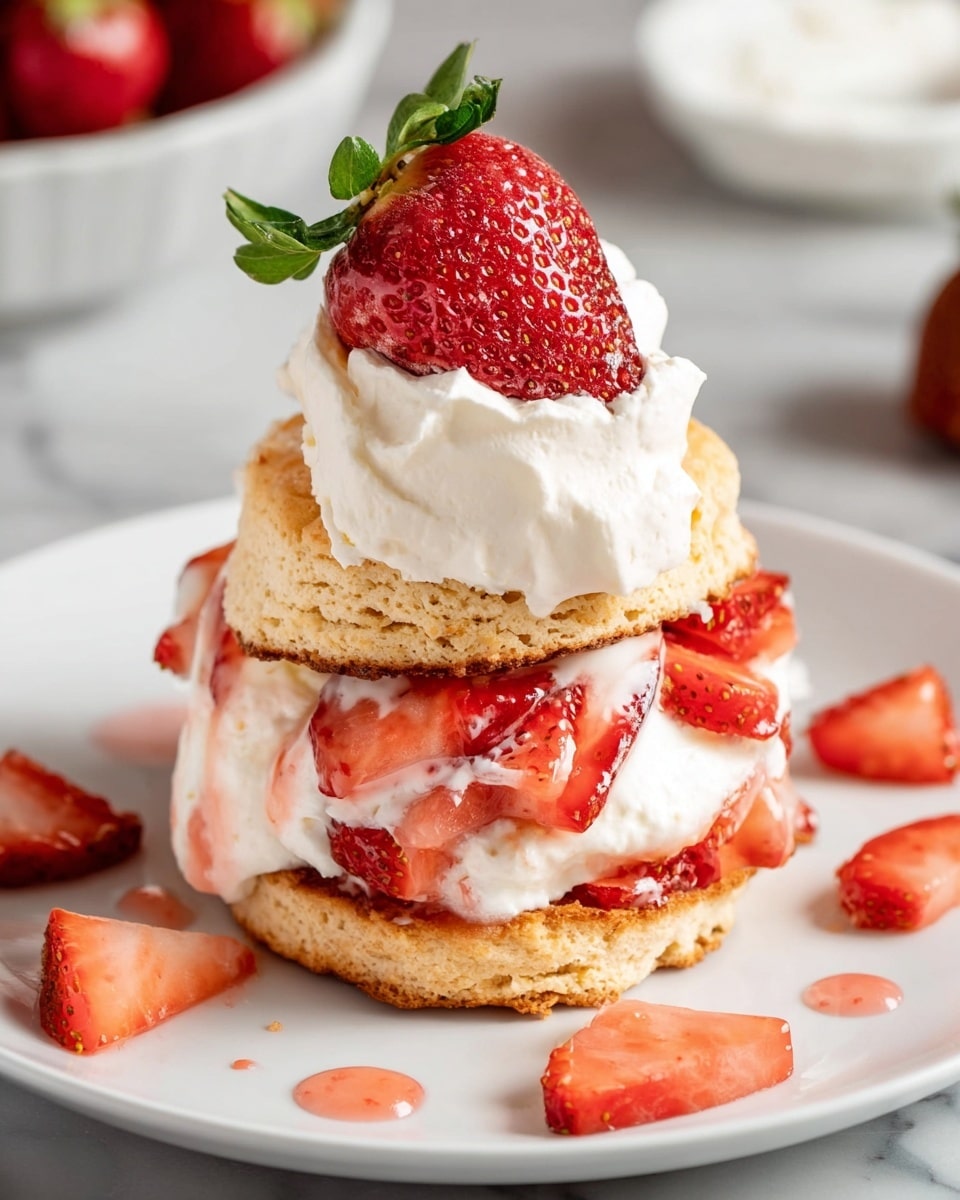 A close-up image of a small layered dessert featuring three distinct layers, starting from the bottom with a light golden biscuit that looks crumbly and soft. The middle layer is thick, white whipped cream with some light pink strawberry juice streaks, giving it a fluffy texture. Above this is a golden-brown biscuit layer that appears slightly crispy. On top of that biscuit lies a spread of sliced red strawberries with visible seeds, and a large whole red strawberry with green leaves sits at the peak, surrounded by a generous swirl of white whipped cream with small brown specks. The dessert is presented on a white plate set against a white marbled surface, photo taken with an iphone --ar 4:5 --v 7