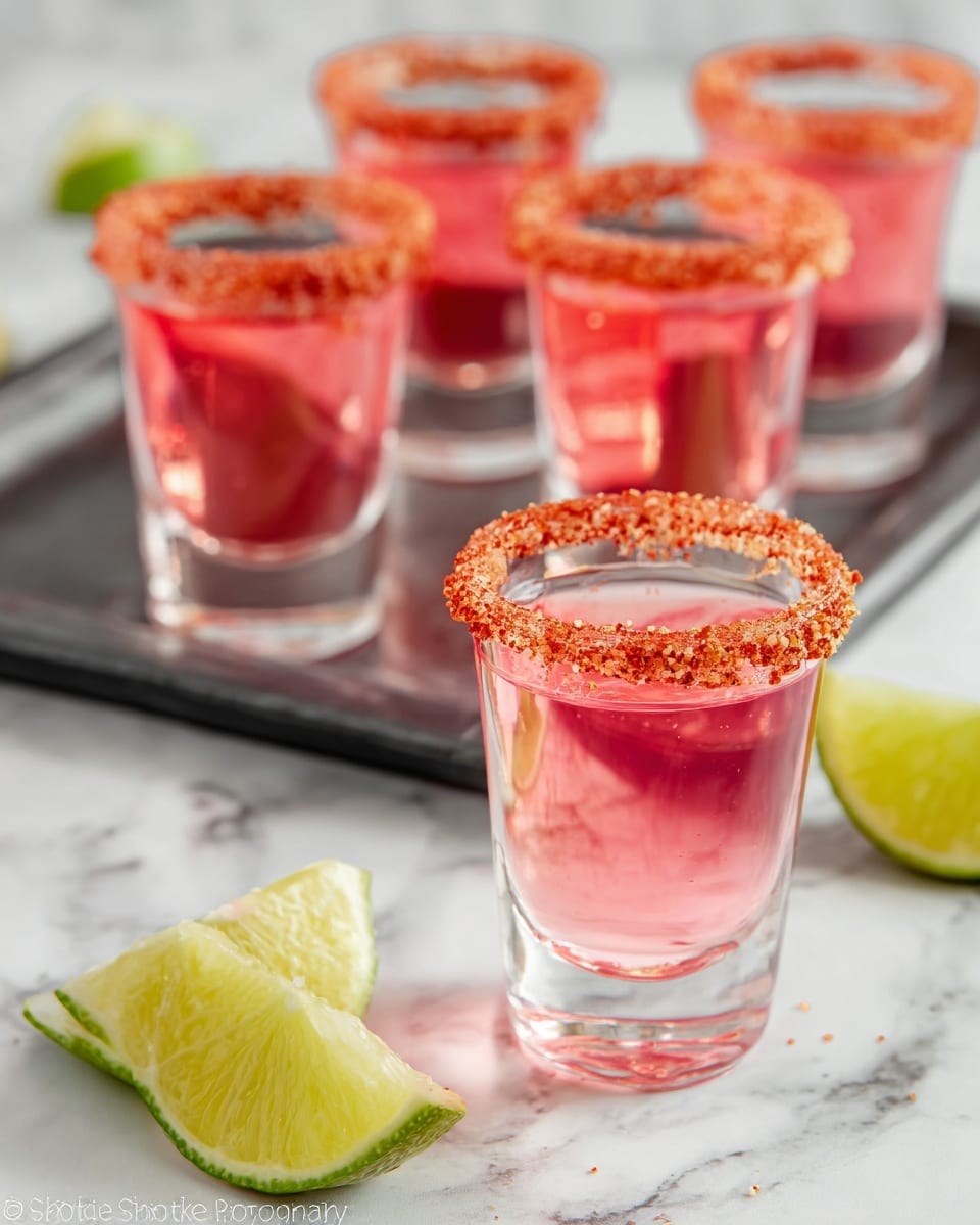 The image shows four clear shot glasses filled with a pink liquid, each glass rimmed with a coarse red seasoning and topped with a bright green lime wedge. One glass is placed on a white marbled surface in the foreground, with a lime wedge lying beside it, while the other three glasses sit on a dark rectangular tray in the background. The pink liquid contrasts with the green lime and reddish rim, creating a colorful and fresh look. The white marbled background adds a clean and elegant touch to the scene. photo taken with an iphone --ar 4:5 --v 7