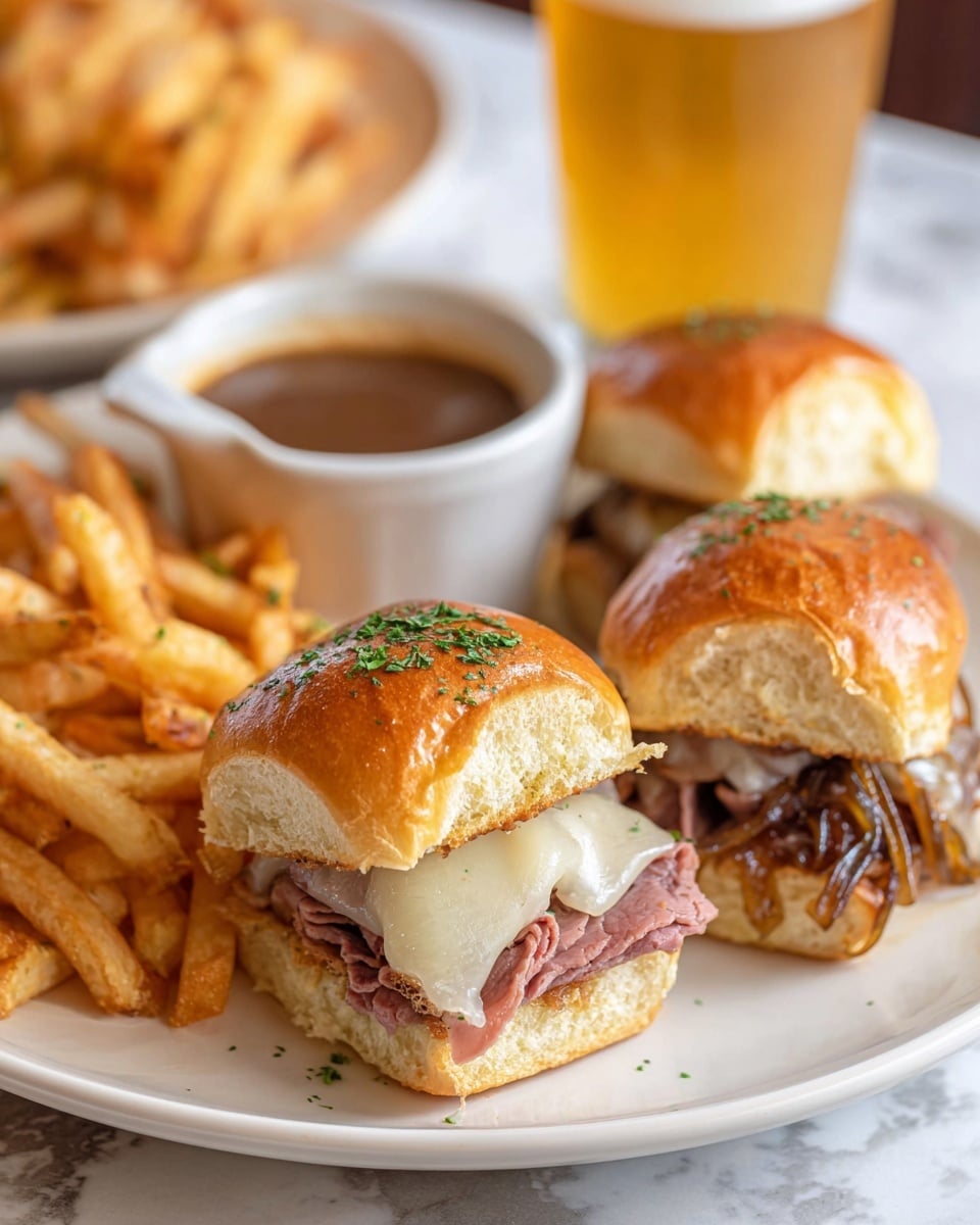 The image shows two small sandwiches on a white plate with thin golden fries on the side. Each sandwich has a shiny, toasted bun on top sprinkled with green herbs. Inside the sandwich, there are layers of thinly sliced pink roast beef, melted light yellow cheese, and caramelized brown onions. Behind the sandwiches, there is a white cup filled with dark brown dipping sauce. The whole scene sits on a white marbled surface, and a glass with a golden drink is blurred in the background. photo taken with an iphone --ar 4:5 --v 7