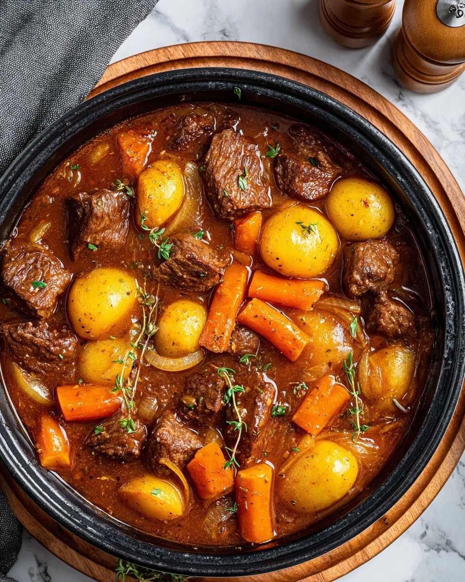 A close-up of a round black pot filled with a rich beef stew, showing several large, golden-brown beef chunks and whole small yellow potatoes scattered evenly throughout the dish. Bright orange carrot pieces cut into thick rectangular shapes fill the spaces around the beef and potatoes, with translucent onion slices also mixed in. The stew has a thick brown sauce coating all the ingredients, with small sprigs of fresh thyme sprinkled on top and some floating in the sauce. The pot sits on a wooden board over a white marbled surface, with a gray cloth napkin to the left and a pepper grinder to the right. Photo taken with an iphone --ar 4:5 --v 7