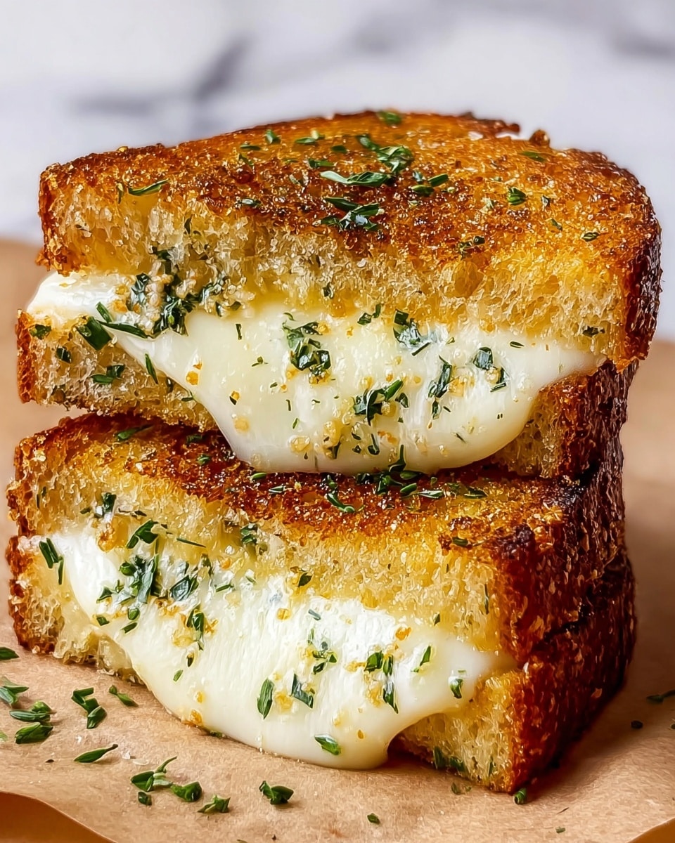 A grilled cheese sandwich cut in half and stacked, showing two thick slices of golden brown toasted bread with a crispy, slightly crunchy texture and sprinkled with green herbs on top. Between the bread slices is a thick layer of melted white cheese that stretches slightly between the halves, with bits of herbs mixed in and some shiny spots from melted butter. The sandwich sits on a piece of brown paper, all placed on a surface with a white marbled texture. Photo taken with an iphone --ar 4:5 --v 7