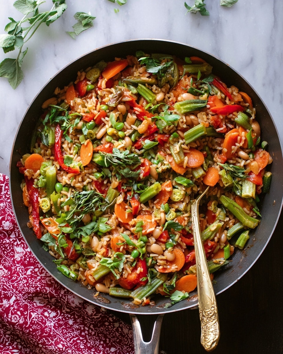 A skillet filled with a colorful mix of cooked rice and vegetables, including sliced bright orange carrots, green okra pieces, red bell pepper strips, translucent cooked onions, and light beige beans. The dish is topped with fresh green leafy herbs scattered on top. There is a shiny golden fork resting on the right side inside the skillet. The skillet sits on a white marbled surface with some small green leaves around it and a red and white patterned cloth near the handle. photo taken with an iphone --ar 4:5 --v 7