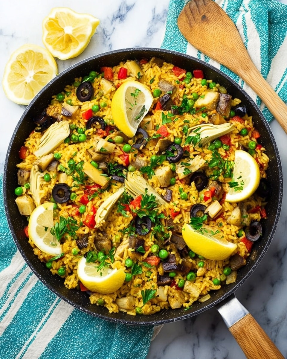 A black pan filled with a colorful rice dish, showing one main layer of yellow rice mixed with green peas, chopped red bell peppers, and sliced black olives. On top, there are scattered artichoke hearts in pale beige, small cubes of brown eggplant, and bright green fresh parsley leaves sprinkled across. Four lemon wedges with pale yellow flesh sit around the edges, adding a fresh look. The pan rests on a white marbled surface with a folded striped cloth in turquoise and white behind it, and a wooden spatula is placed inside the pan leaning on the edge. The photo taken with an iphone --ar 4:5 --v 7