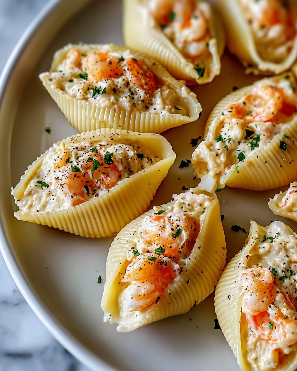 The image shows large pasta shells filled with three layers: the bottom layer is creamy white sauce, the middle layer contains small orange shrimp pieces, and the top layer has melted white cheese sprinkled with black pepper and small green herb bits. The pasta shells are light yellow and ribbed, placed closely in a white bowl on a white marbled surface. The filling looks soft and rich, and the whole dish has a warm, inviting feel. Photo taken with an iphone --ar 4:5 --v 7
