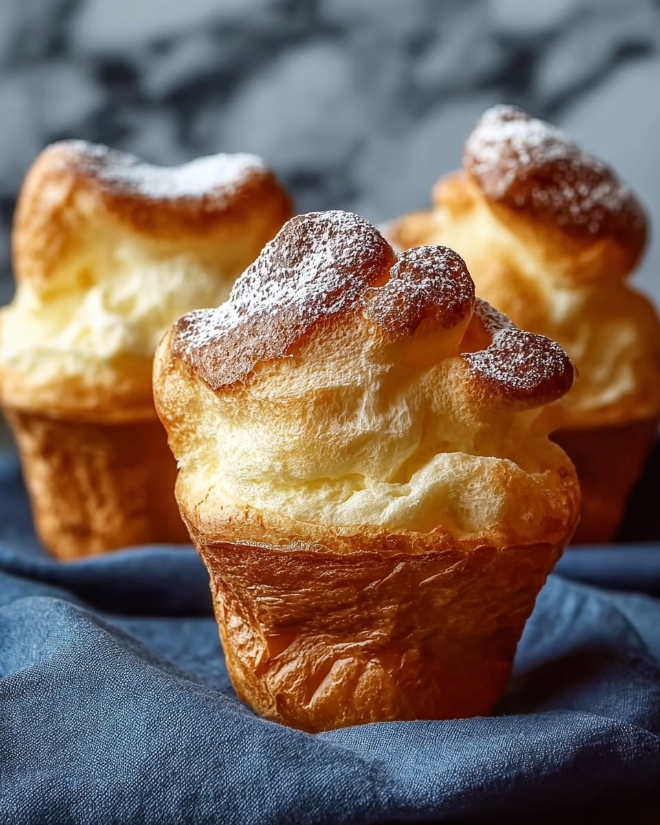 The image shows three popovers with a golden-brown base that looks crispy and slightly wrinkled, rising into a light, fluffy, and airy top part that is pale cream with darker browned peaks. The tops have a textured, cloud-like appearance with a dusting of white powdered sugar. The popovers are placed on a dark blue cloth against a blurred background, which is replaced by a white marbled texture. photo taken with an iphone --ar 4:5 --v 7