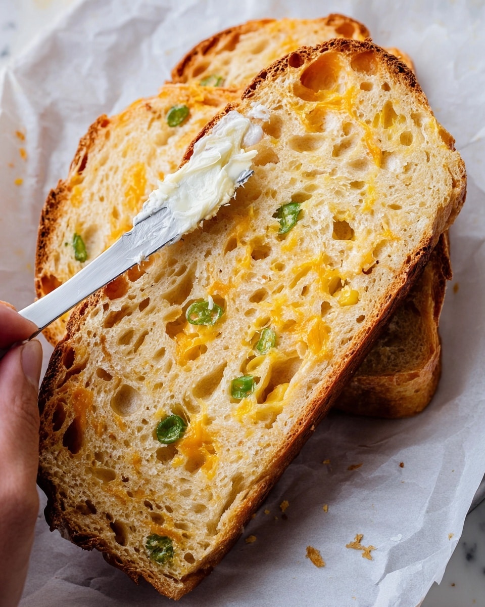 The image shows a round baked bread with a golden brown and slightly crispy top layer, dotted with dark green jalapeño slices scattered evenly across the surface. The bread looks soft and fluffy underneath the crispy crust and rests inside a white parchment paper lining a dark blue pot with two handles. The pot sits on a wooden board with a light blue cloth nearby, all placed on a white marbled surface. The bread has a textured and slightly cracked top with melted cheese spots giving it a rich, inviting look. photo taken with an iphone --ar 4:5 --v 7