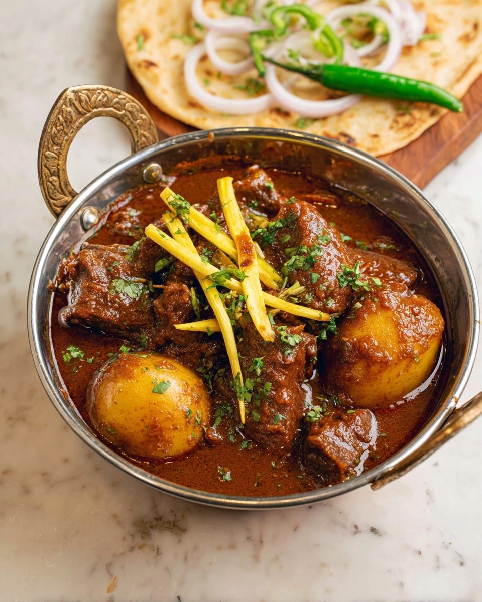 A metal pan with two handles holds a rich brown curry filled with large pieces of meat and two whole potatoes, all covered in thick sauce. Thin strips of ginger and chopped green chili peppers lie scattered on top, with fresh green herbs sprinkled over the dish. Beside the pan on a white marbled surface, there are pieces of white flatbread topped with sliced onions, green chili peppers, and a halved lime. The light wooden background contrasts with the vibrant colors of the food. photo taken with an iphone --ar 4:5 --v 7
