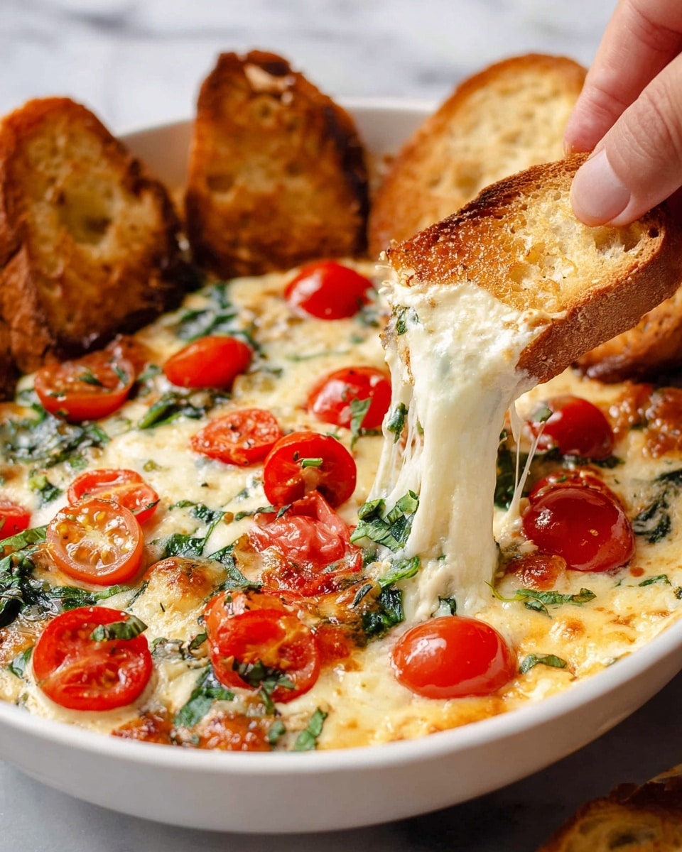 A white oval dish filled with a baked dip that has a creamy, melted cheese layer at the bottom, topped with many halved bright red cherry tomatoes and sprinkled with finely chopped green herbs all over. The edges of the dip show slight browning from baking. Around the dish, there are several pieces of golden toasted bread with a crunchy texture, arranged on a wooden board on top of a white marbled surface. A cluster of fresh cherry tomatoes on the vine and fresh green basil leaves lie nearby beside a folded cloth with a blue and white check pattern. Two small metal shakers sit close to the toast. photo taken with an iphone --ar 4:5 --v 7