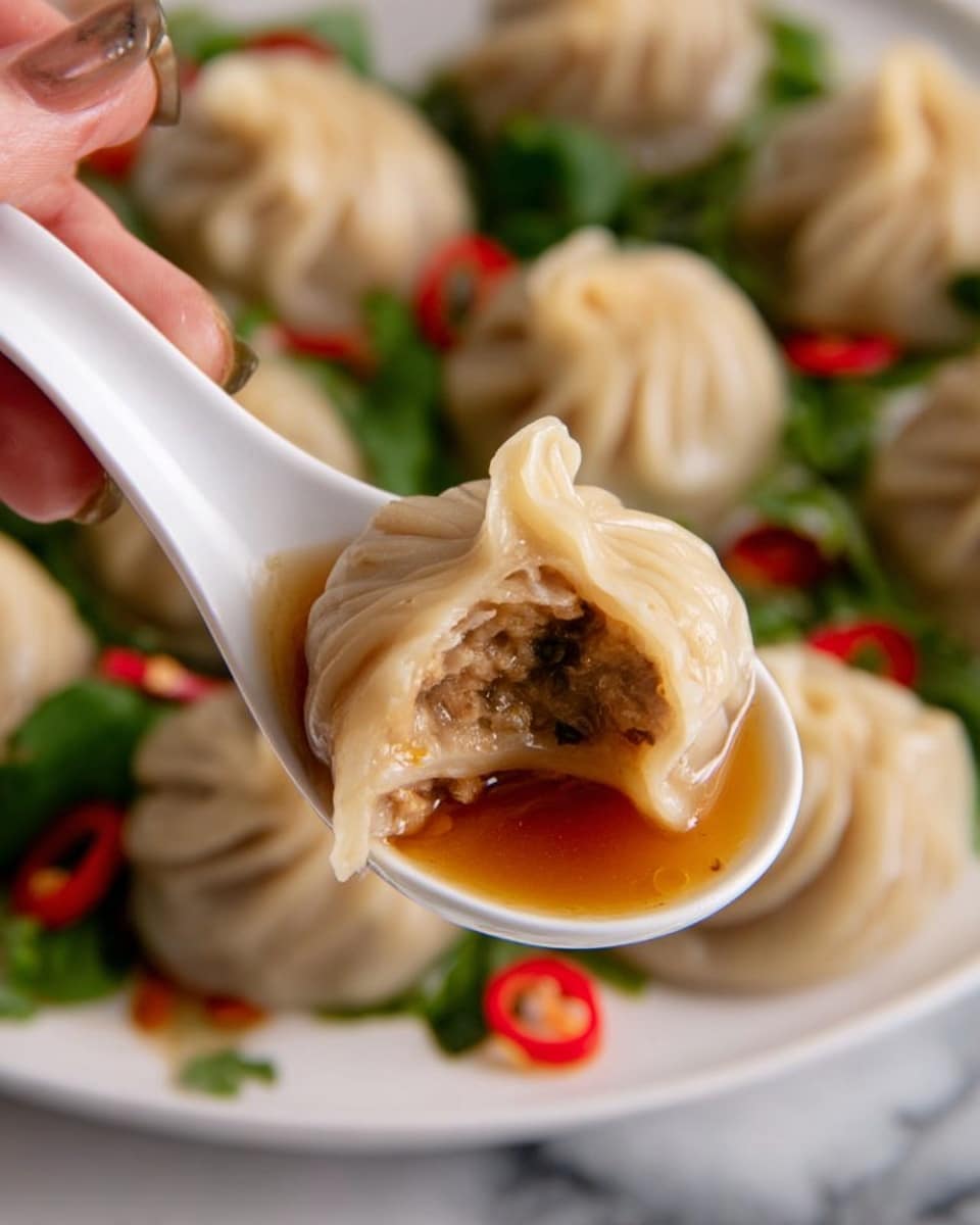 A close-up view shows a white spoon held by a woman's hand lifting a single steamed dumpling with a soft beige, pleated dough wrapper that looks slightly wet and shiny. The dumpling has a bite taken out of it, revealing a juicy, light brown filling with bits of green herbs inside. The spoon holds some amber-colored broth pooling at the bottom. In the background, more dumplings are placed on a white plate, scattered with bright green leafy garnishes and round slices of red chili peppers on a white marbled surface. photo taken with an iphone --ar 4:5 --v 7