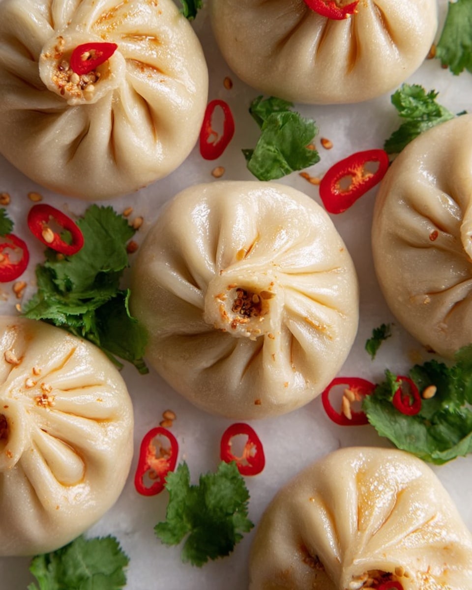 The image shows six round dumplings with a shiny, soft, slightly translucent dough that is pinched at the top to create a pleated pattern, each dumpling being light beige in color. They are placed on a white marbled surface, scattered with bright red slices of chili and fresh green cilantro leaves that add contrast to the neutral tones of the dumplings. The overall texture of the dumplings looks smooth and slightly glossy, indicating they are freshly steamed or boiled. Photo taken with an iphone --ar 4:5 --v 7
