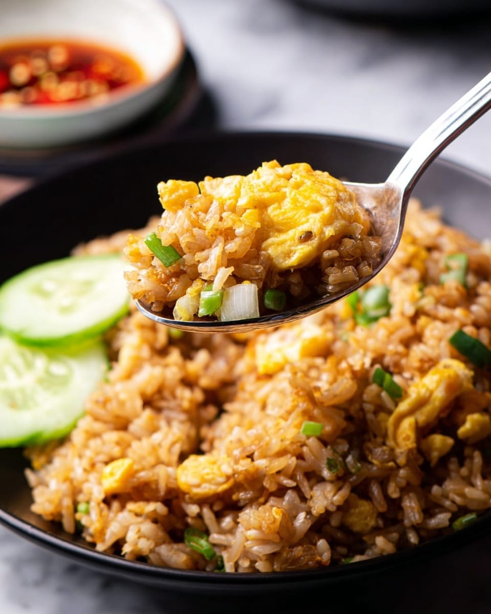 A close-up of a spoonful of fried rice held above a black bowl filled with more fried rice. The fried rice has a mix of textures and colors: light brown rice grains, small pieces of scrambled egg with a soft, fluffy yellow layer on top, tiny green onion bits scattered throughout, and small bits of white onion. In the bowl behind, two slices of pale green cucumber sit on the side. A small white bowl with sauce and chili pieces is blurred in the background. The dish is set on a white marbled surface. photo taken with an iphone --ar 4:5 --v 7