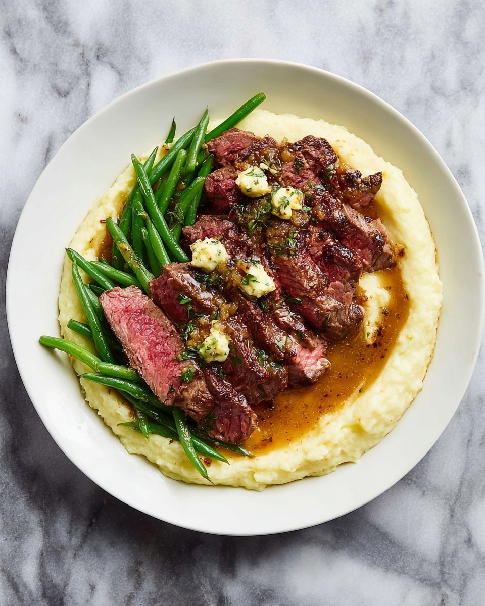 A white plate holds a dish arranged in three main layers. The bottom layer is a ring of smooth, creamy mashed potatoes, pale yellow in color, spread evenly around the edge of the plate. On top of the mashed potatoes is a layer of bright green, crisp green beans placed in a small cluster in the center. The top layer consists of thick slices of medium-rare steak, juicy with a slightly pink center and browned crust, laid in a fan shape over the green beans. Small dollops of herb butter with a light yellow color and specks of green and red sit on top of the steak, melting slightly. A glossy brown sauce is drizzled over the steak, adding shine and extra texture. The plate rests on a white marbled texture surface, and in the blurred background, there is a wooden cutting board with some crumbled bread visible. photo taken with an iphone --ar 4:5 --v 7