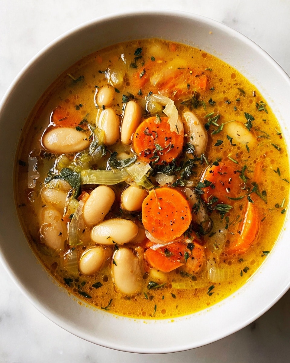 A white bowl filled with a warm soup showing two main layers: the base layer is a bright orange broth with tiny oil droplets floating on the surface, while the top layer has chunky pieces of white beans, orange carrot slices, translucent cooked onion, and bits of green herbs scattered throughout. The vegetables and beans sit in the center of the bowl, creating a colorful mix of orange, white, light green, and dark green against the smooth liquid. The bowl rests on a white marbled surface. photo taken with an iphone --ar 4:5 --v 7