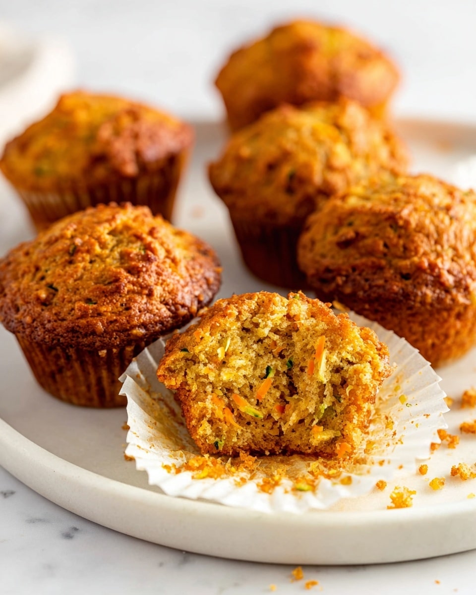 The image shows six carrot muffins arranged on a white plate with a white marbled surface below. The muffins have a golden-brown crust with a slightly rough texture and visible bits of carrot and green herbs inside. One muffin in the front is partially unwrapped with its white paper liner spread open, showing a moist and crumbly interior filled with orange carrot pieces and green flecks. Small crumbs are scattered on the white marbled surface near the unwrapped muffin. Photo taken with an iphone --ar 4:5 --v 7